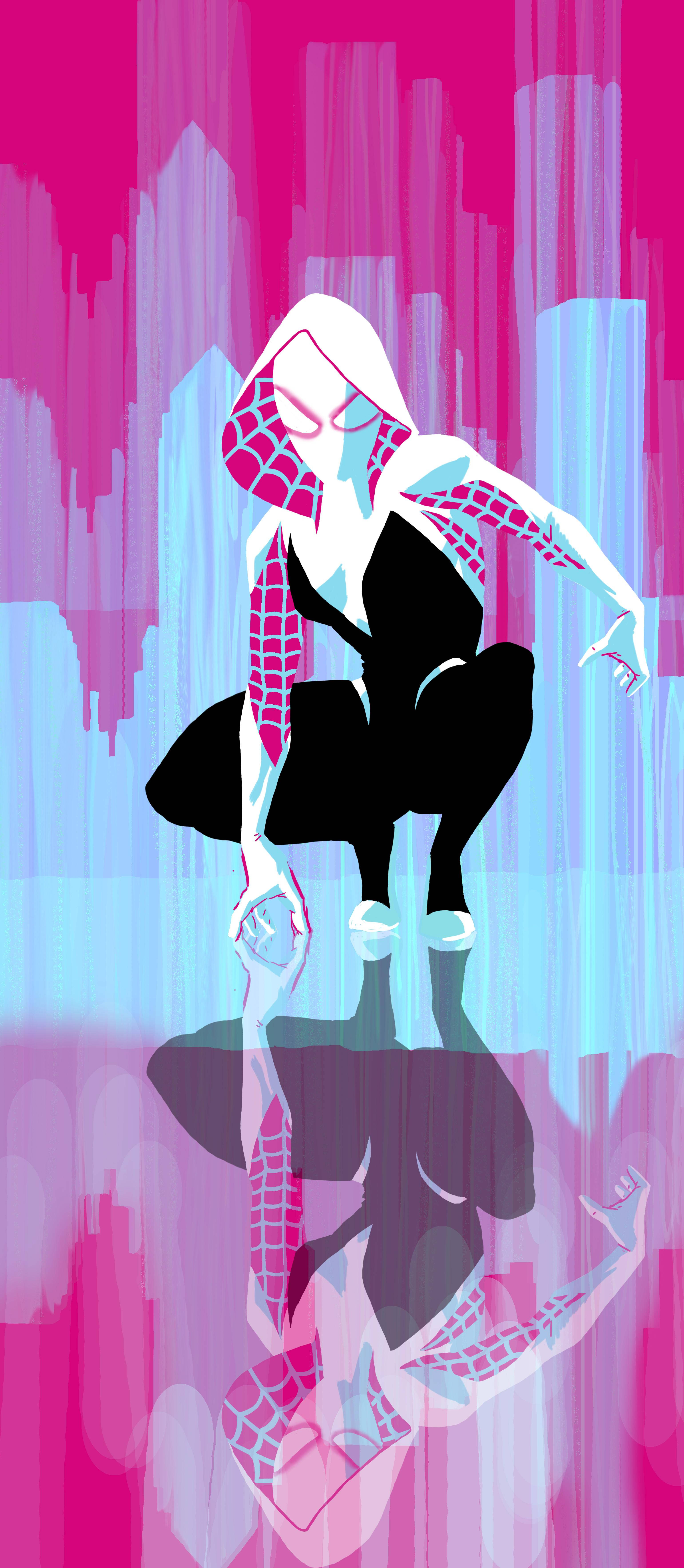 Spider Gwen, pink and blue cityscape, mirrored reflection, 5K Phone Wallpaper