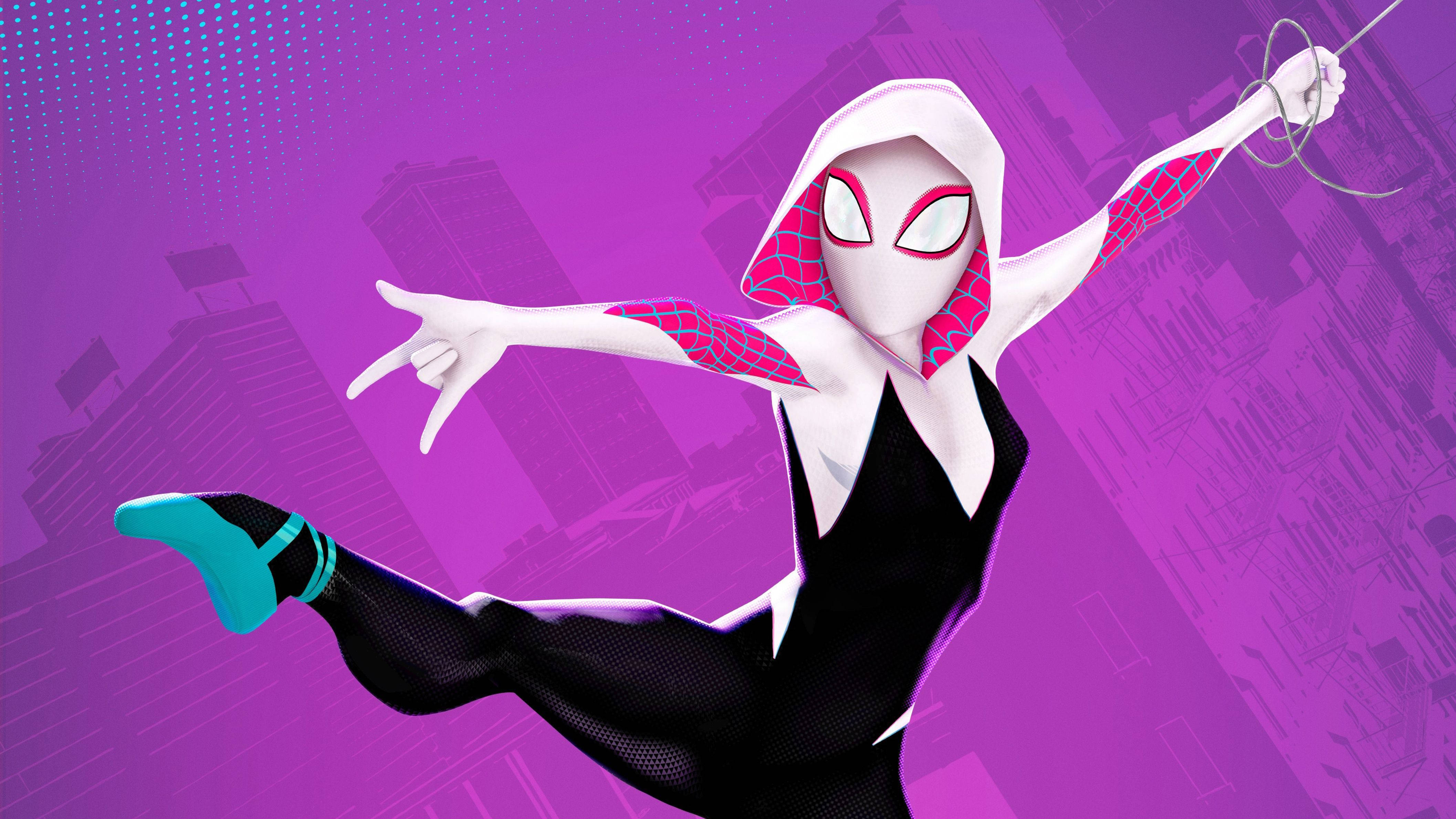 Spider Gwen, glowing purple, vibrant purple cityscape, 4K Desktop Wallpaper