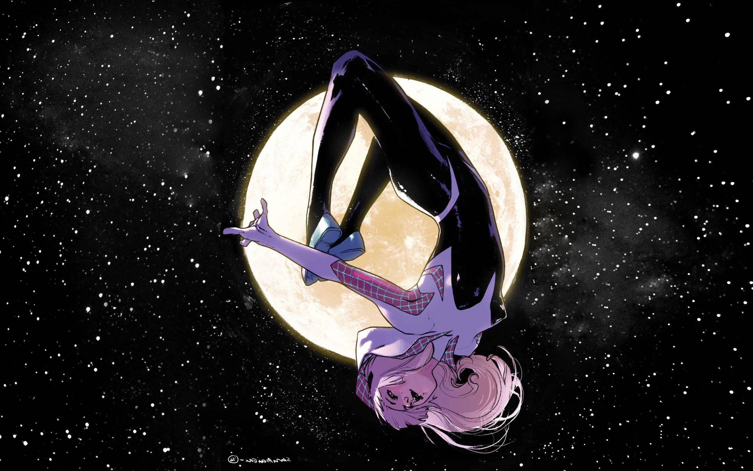 Spider Gwen, full moon, starry night sky, 2K Desktop Wallpaper