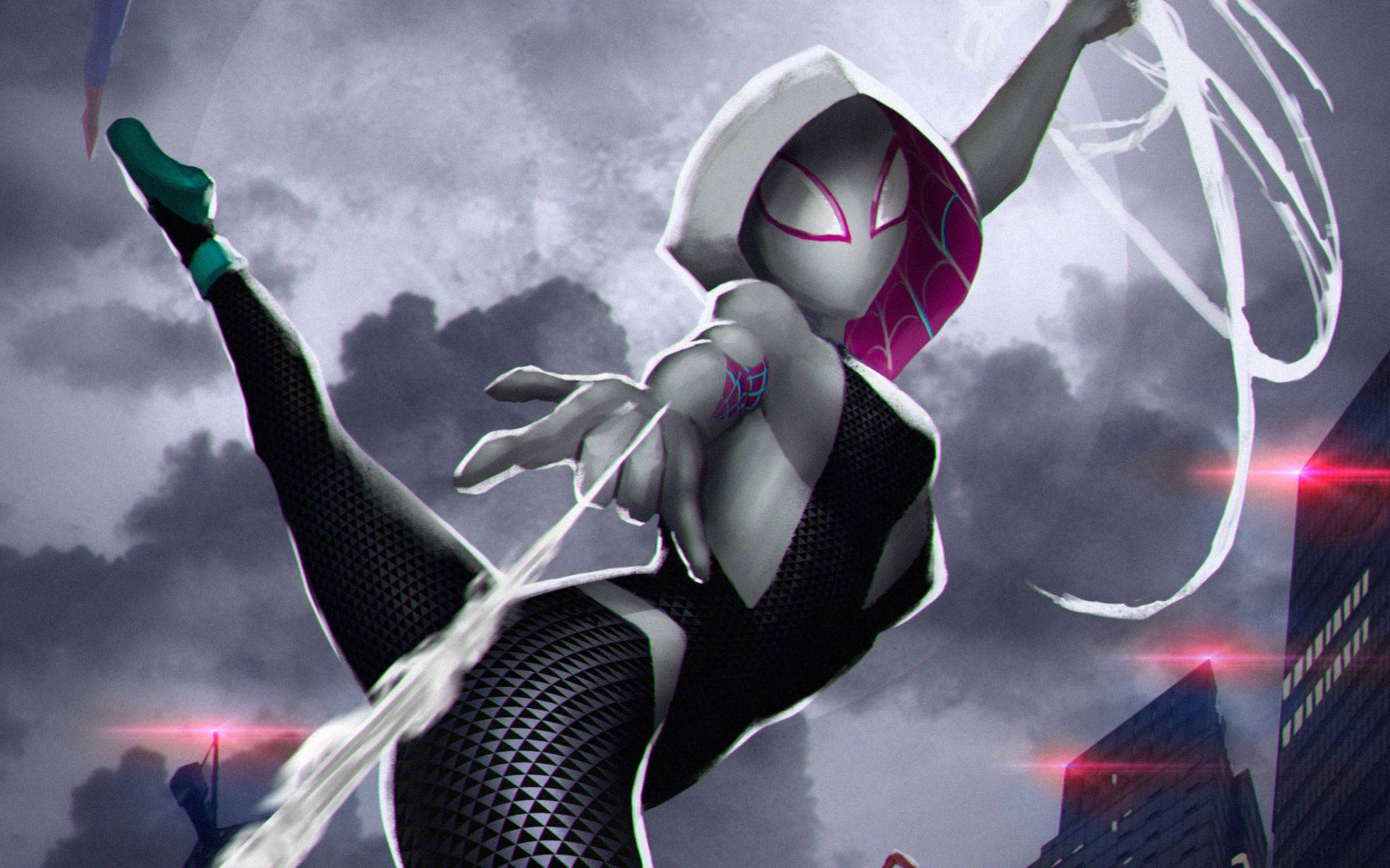 Spider Gwen, stormy cityscape, dark cloudy sky, Full HD Desktop Wallpaper