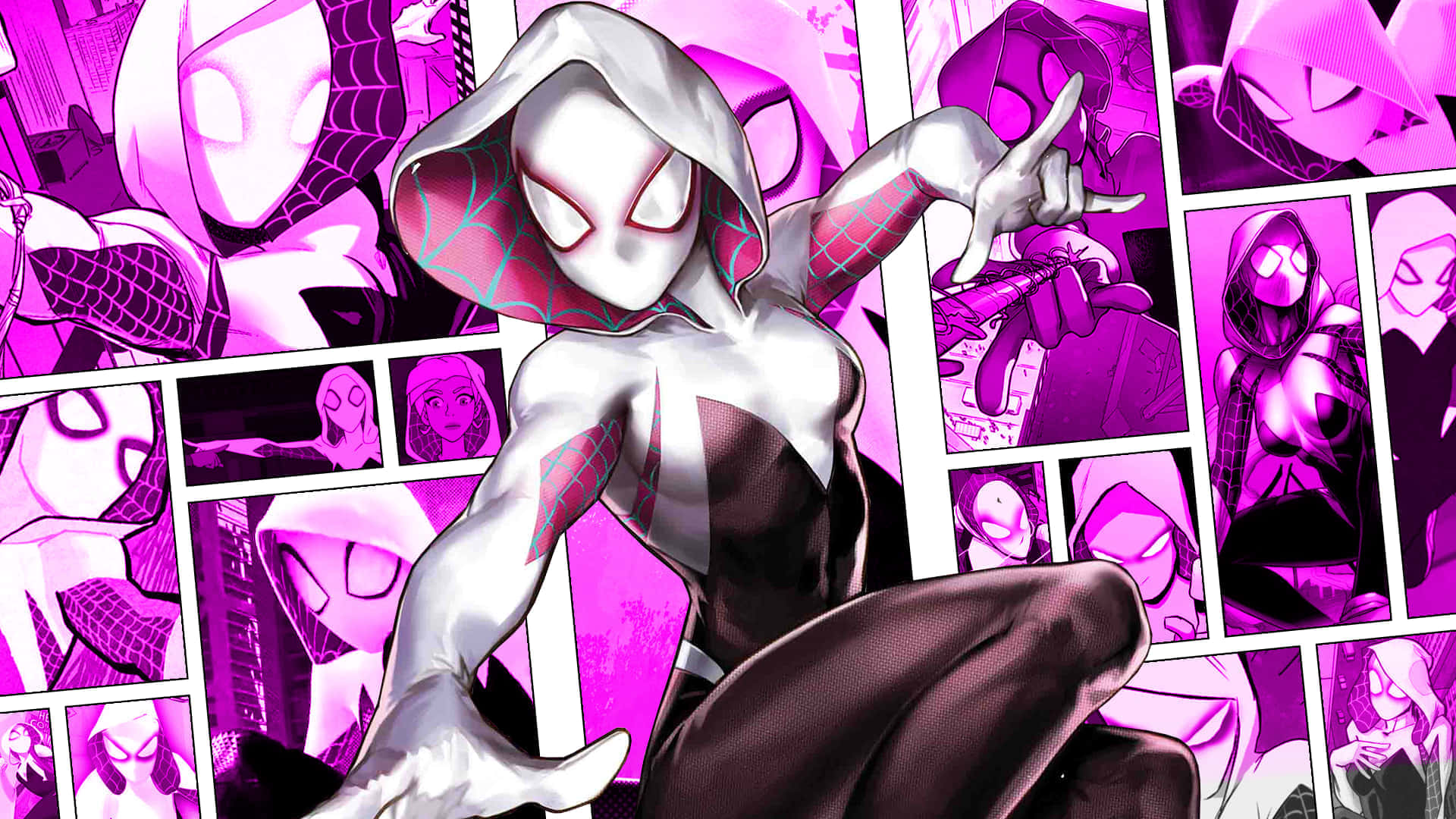 Spider-Gwen, silver and red suit, vibrant pink comic book panel background, Full HD Desktop Wallpaper