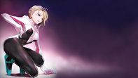 Spider Gwen, dark purple suit, glowing purple gradient background, SD Desktop Wallpaper