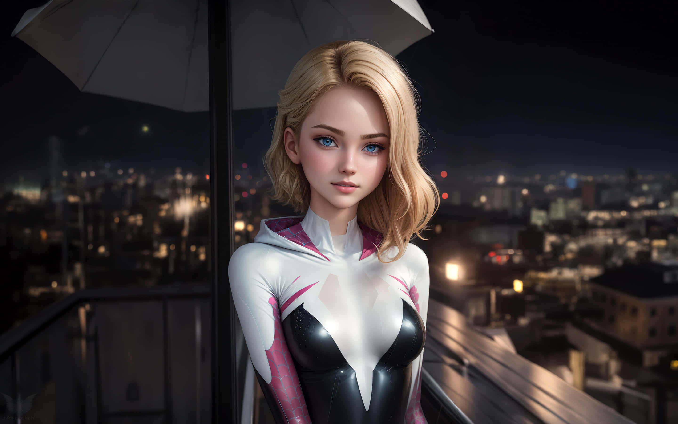 Spider Gwen, white and black superhero suit, white umbrella, 2K Desktop Wallpaper