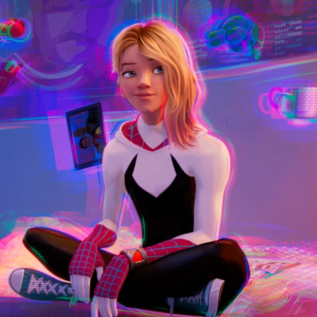 Spider Gwen, white and black spider-themed suit, neon-lit room, SD Desktop Wallpaper