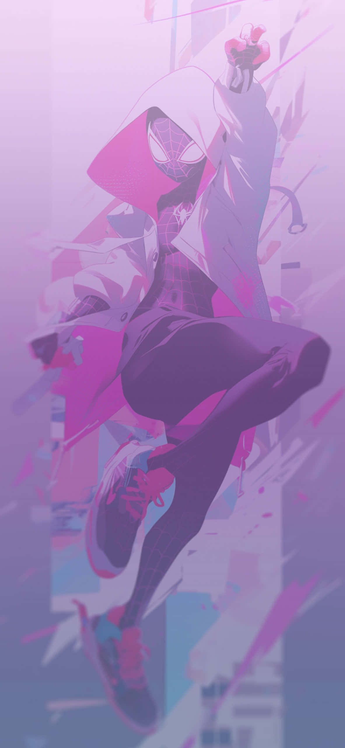 Spider Gwen, stylized cityscape, vibrant pink, 2K Phone Wallpaper