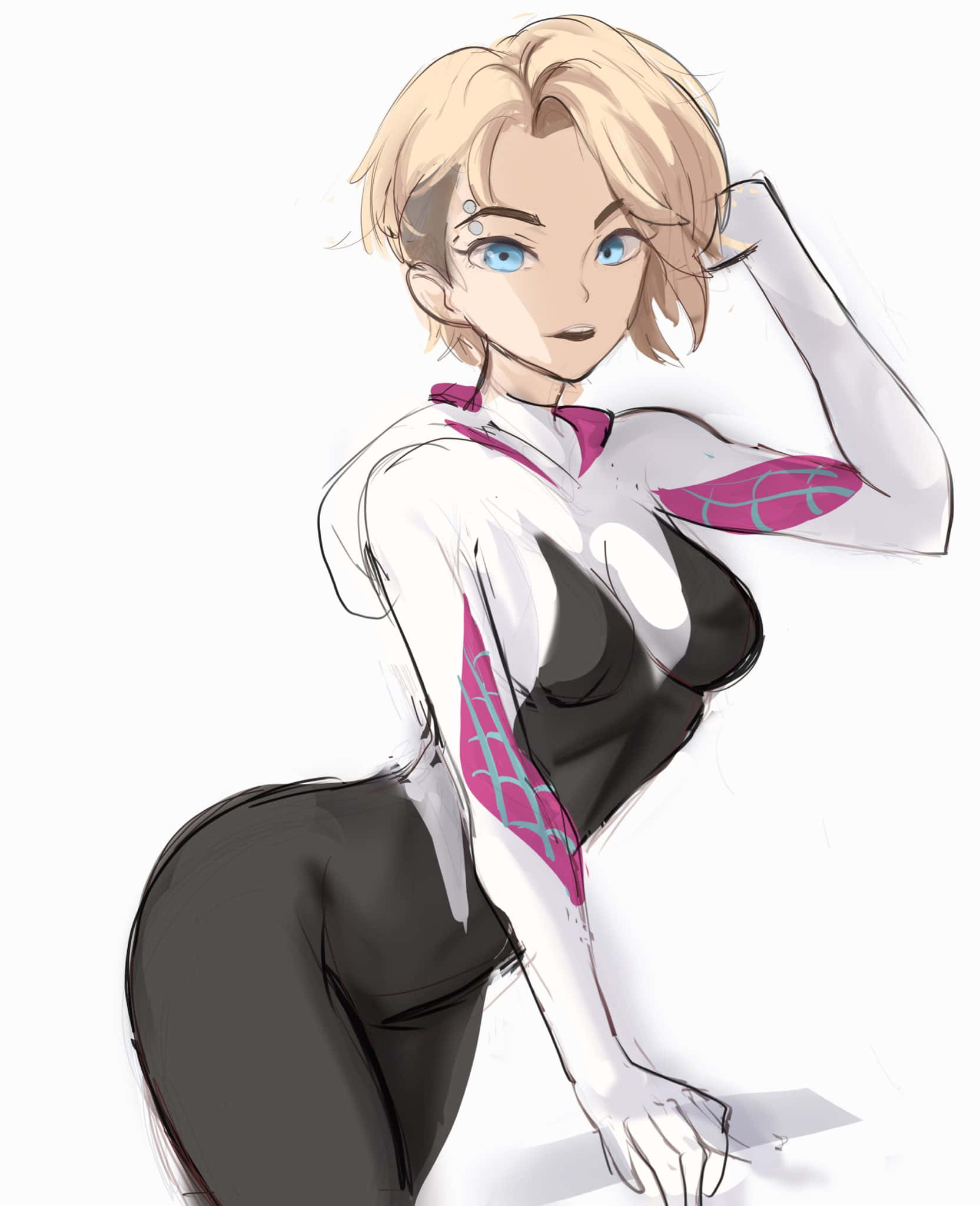 Spider Gwen, blonde anime girl, white black and pink spider-themed suit, Full HD Phone Wallpaper