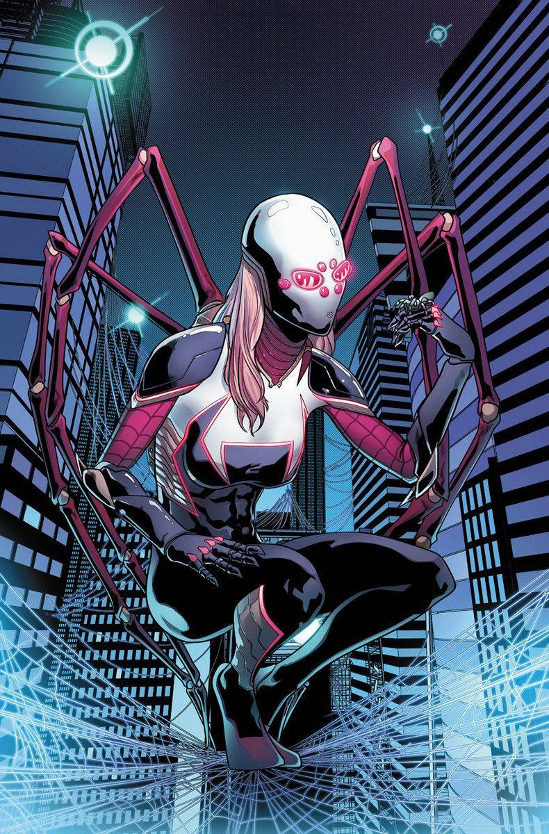 Spider Gwen, white and pink suit, neon-lit cityscape, SD Phone Wallpaper