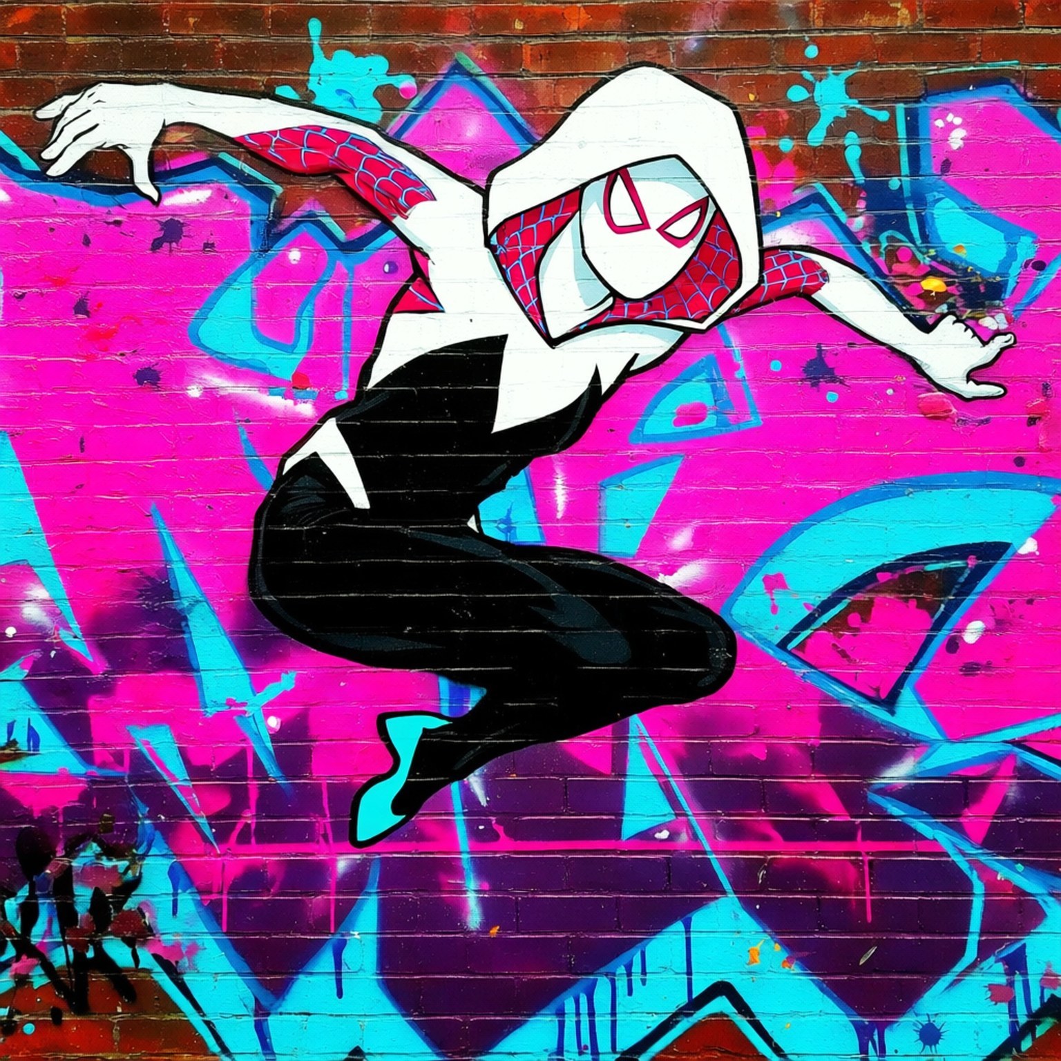 Spider Gwen, pink and cyan brick wall, graffiti mural, HD Desktop Wallpaper