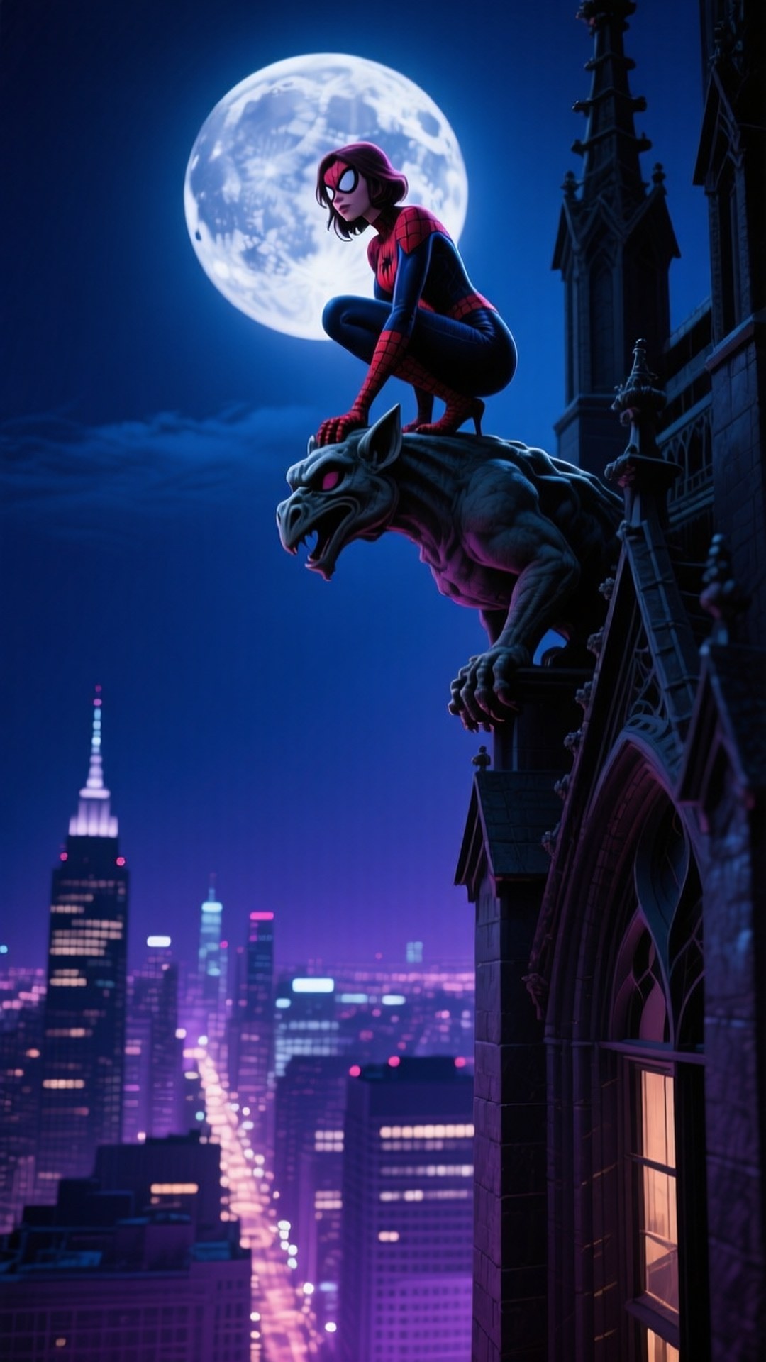 Spider-Gwen, gargoyle, full moon, Full HD Phone Wallpaper