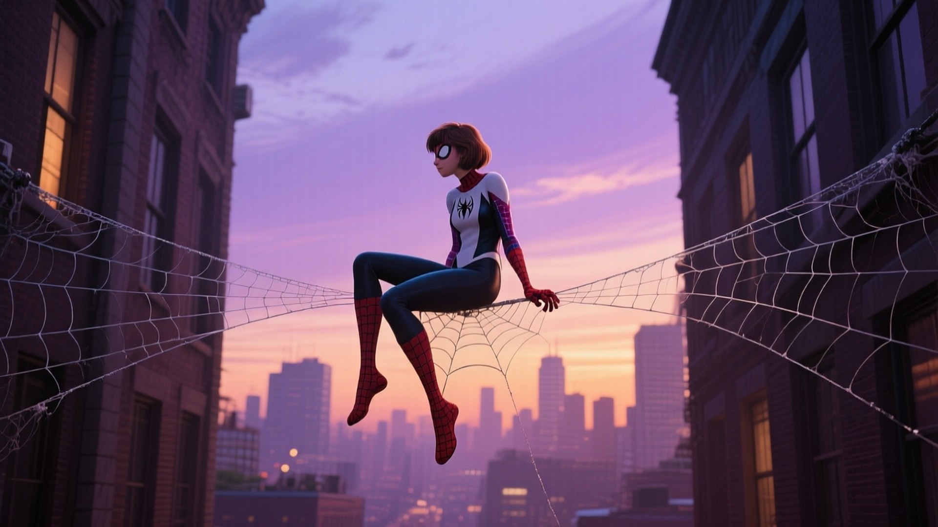 Spider-Gwen, red and blue suit, purple orange sky, Full HD Desktop Wallpaper