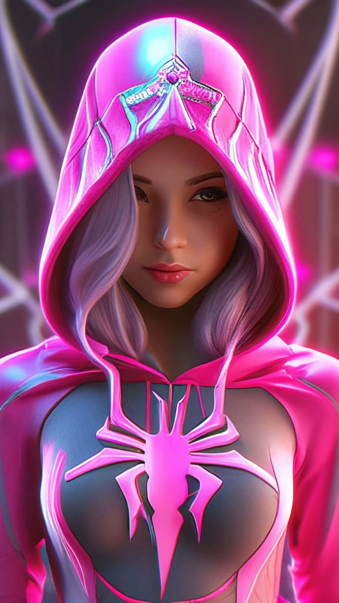 Pink Spider Woman, glowing pink hooded suit, spider emblem, Full HD Phone Wallpaper
