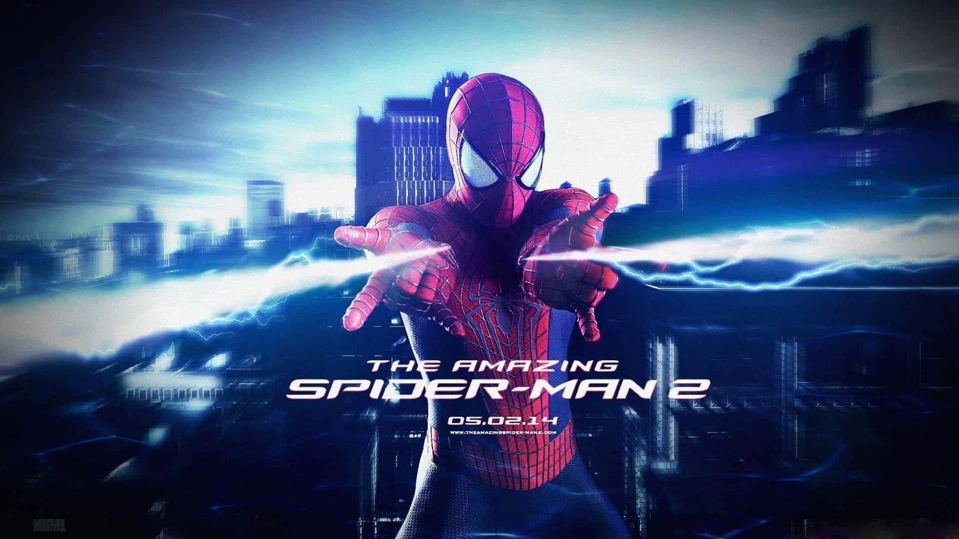 Spider Man 2, red suit, glowing blue cityscape, Full HD Desktop Wallpaper