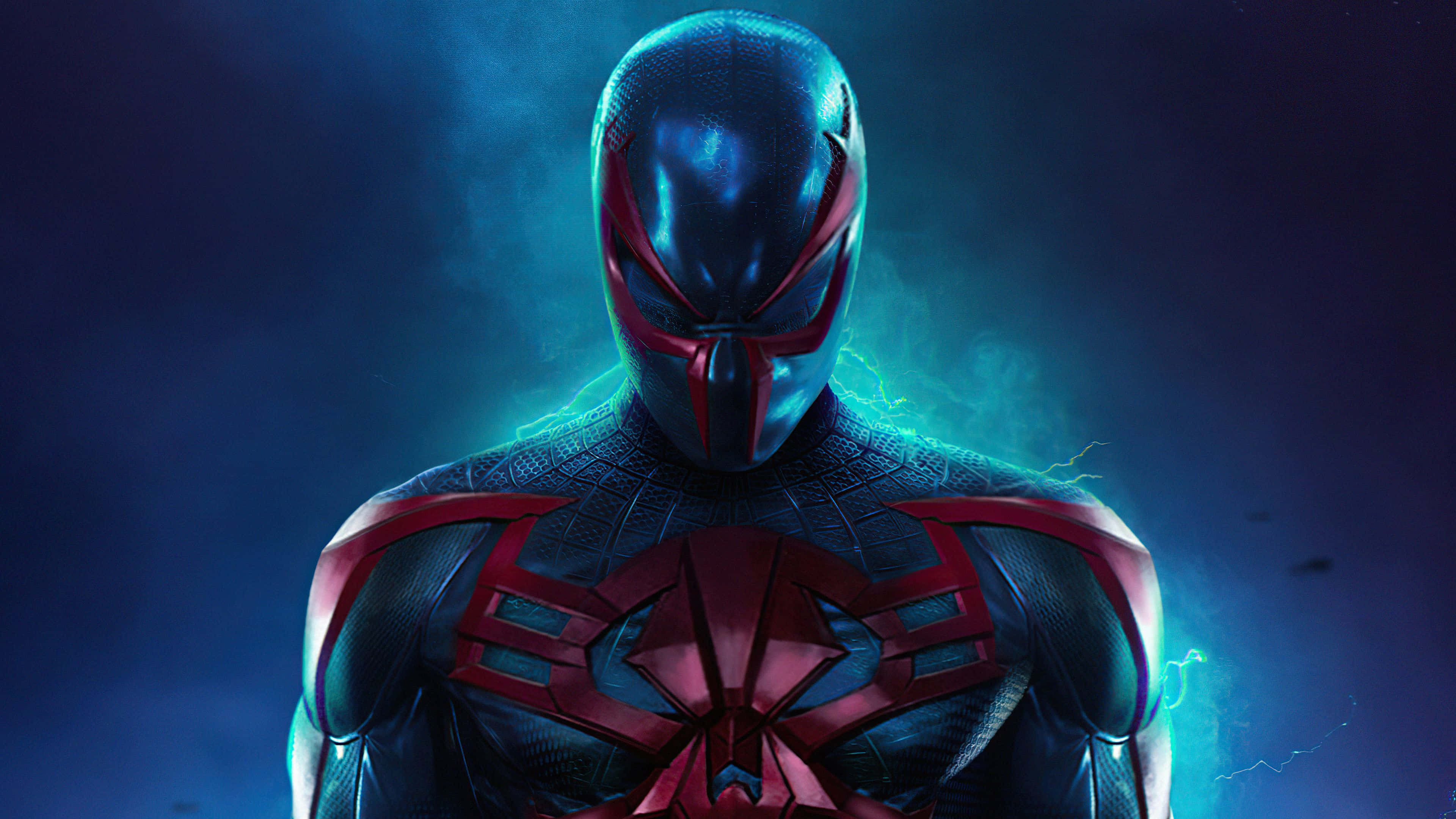 Spider Man 2099, dark blue and red suit, stormy blue background, 4K Desktop Wallpaper