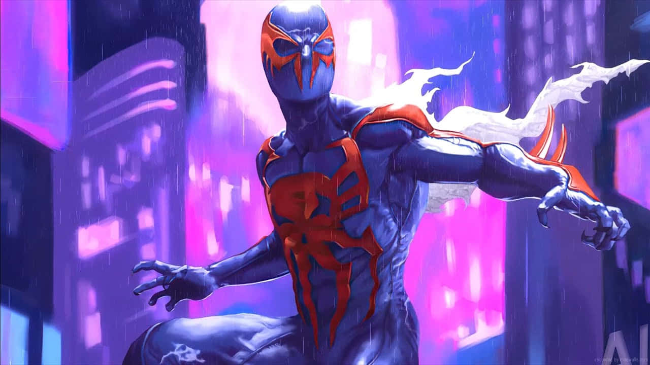 Spider Man 2099, neon-drenched, rainy cityscape, HD Desktop Wallpaper