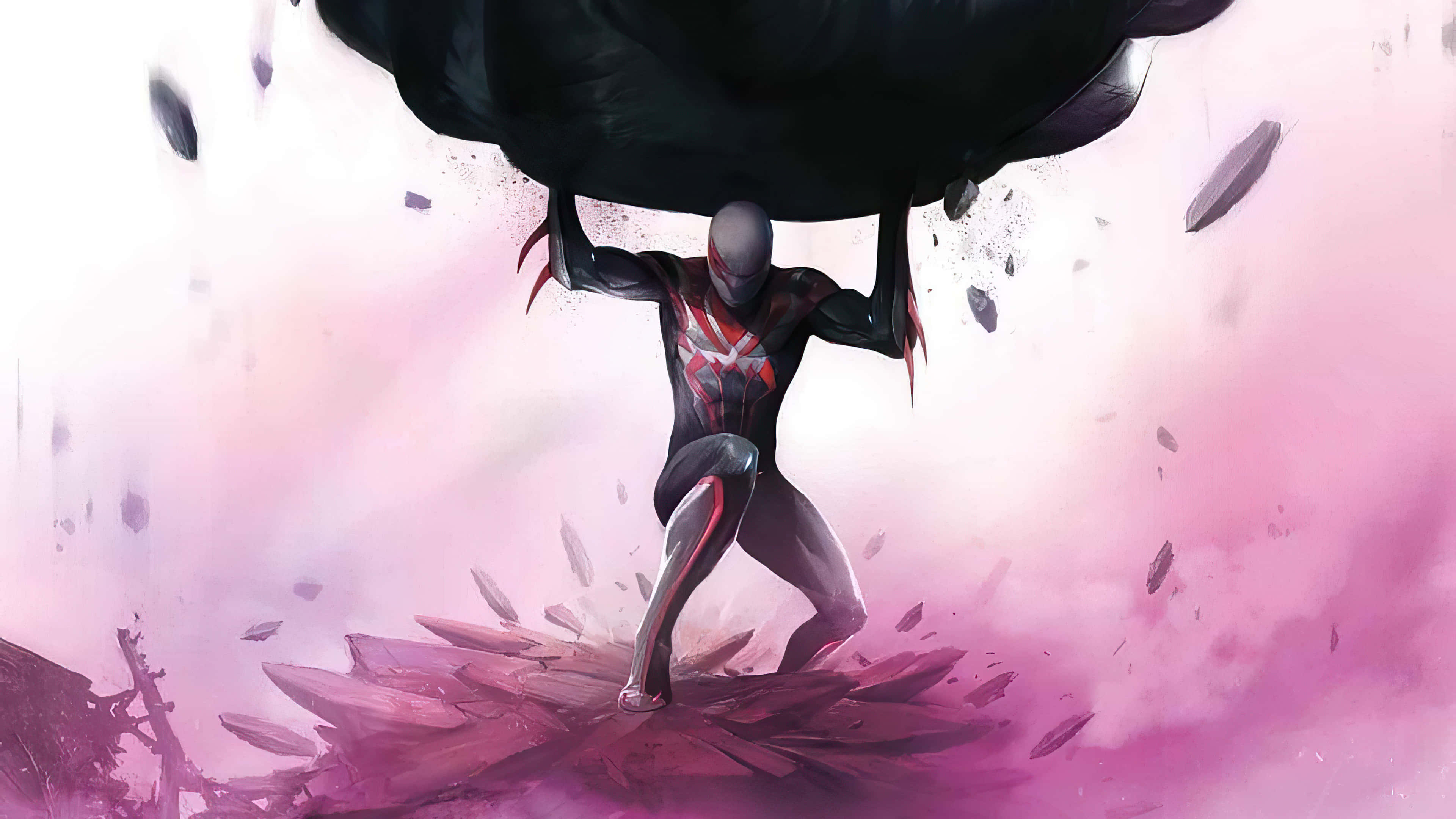 Spider-Man 2099, black boulder, purple crystals, 4K Desktop Wallpaper