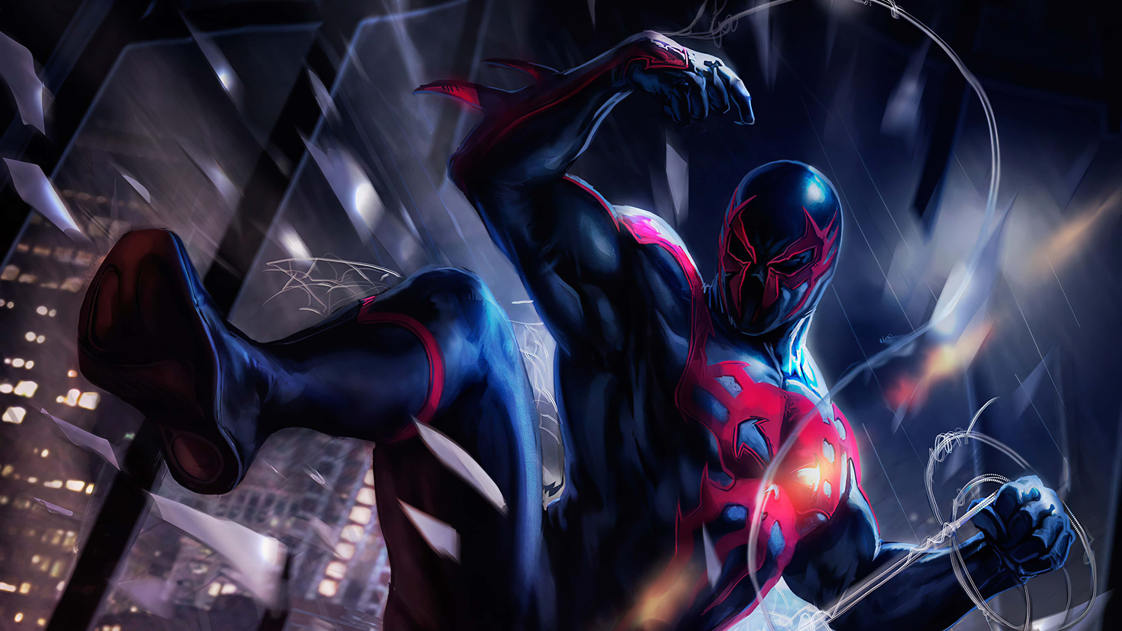 Spider-Man 2099, dark blue and red suit, rainy cityscape, 4K Desktop Wallpaper