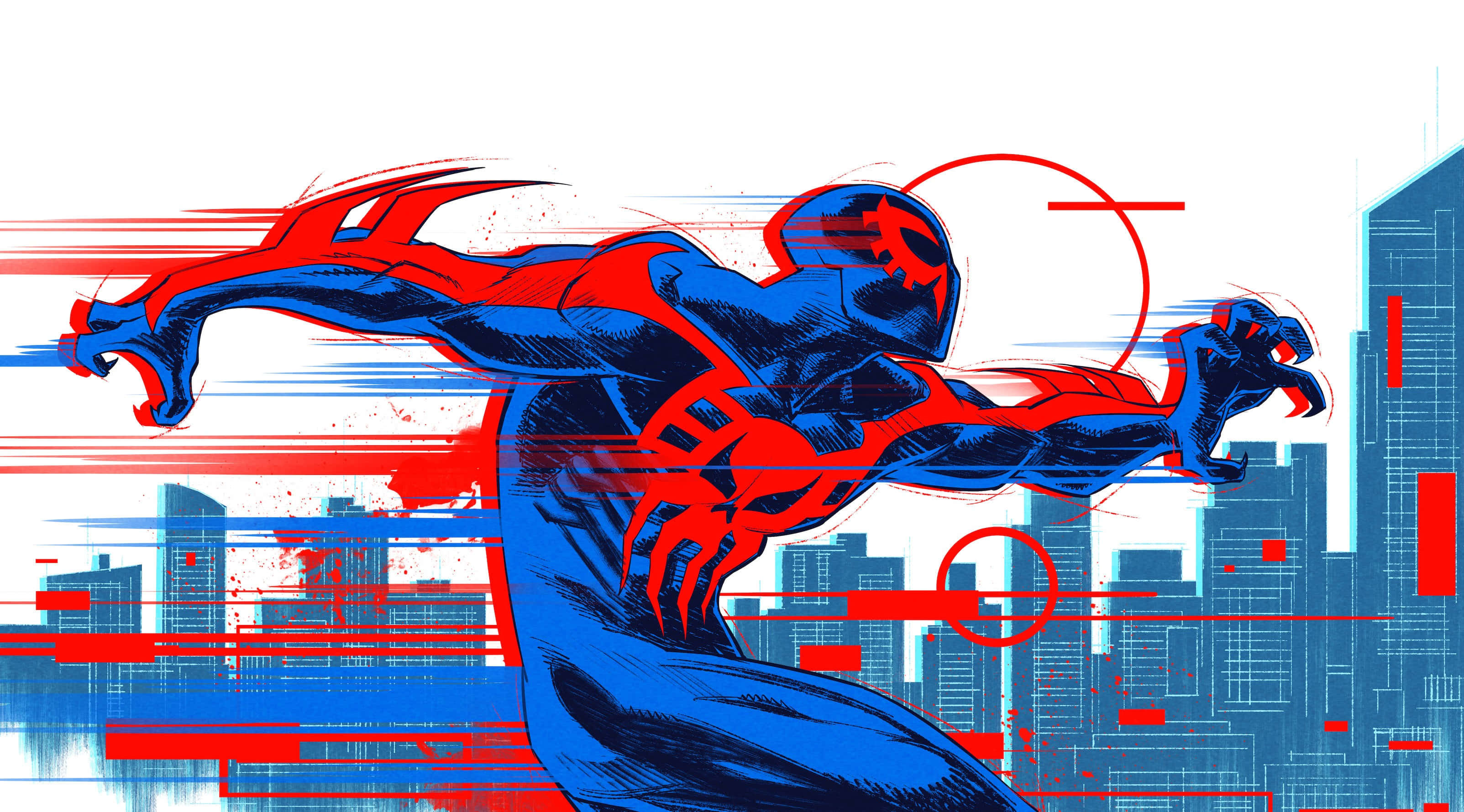 Spider Man 2099, blue and red, glitchy cityscape, 2K Desktop Wallpaper