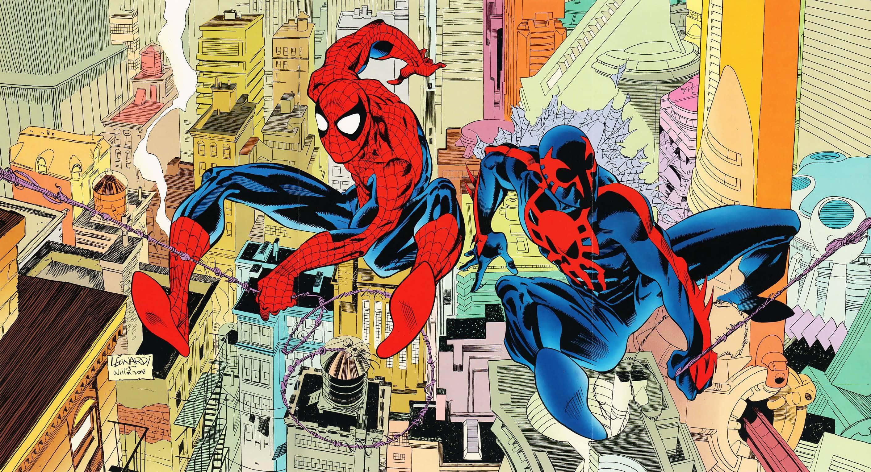 Spider-Man 2099, futuristic cityscape, stylized buildings, 2K Desktop Wallpaper