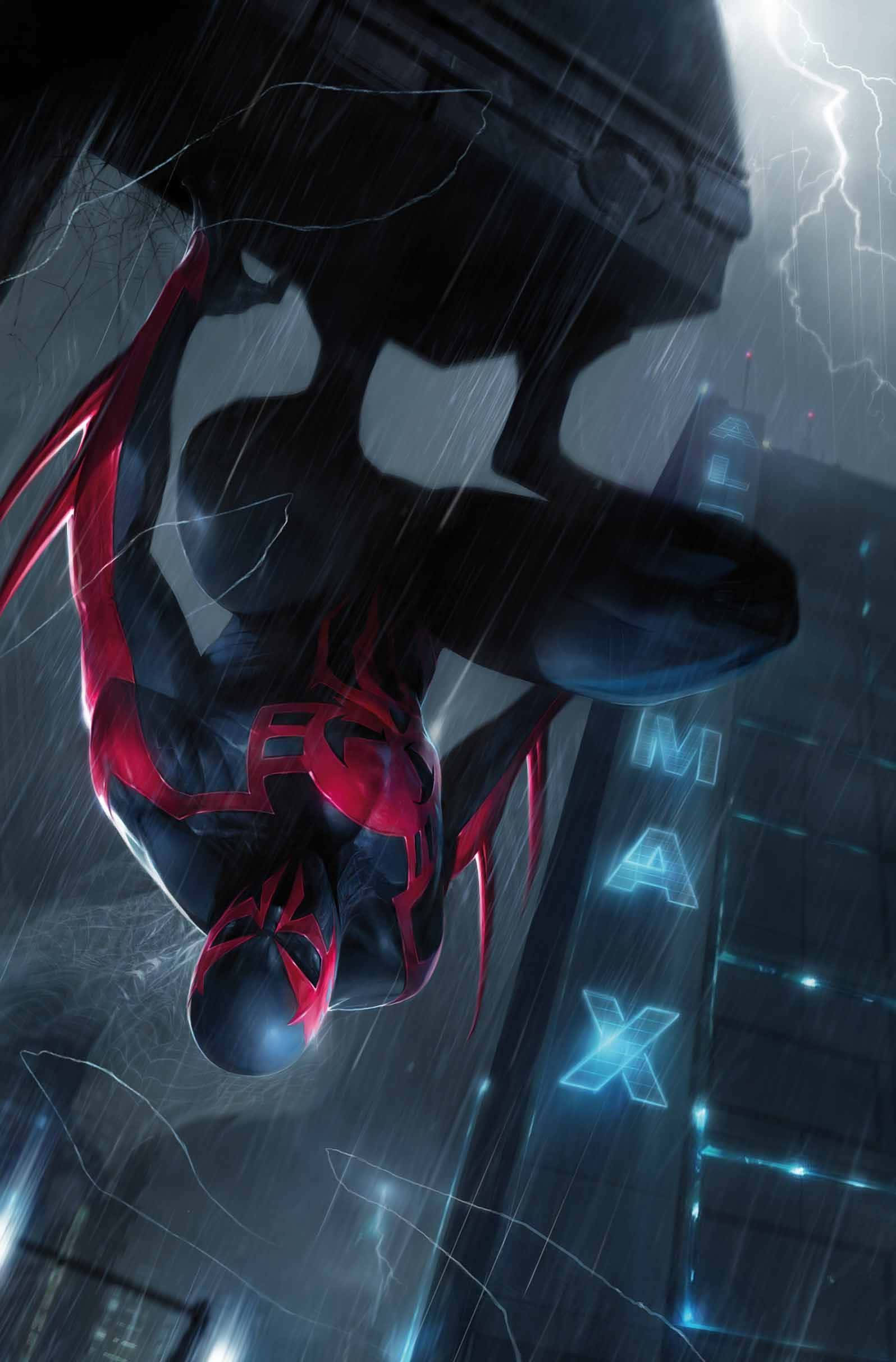 Spider-Man 2099, red and black suit, rainy neon-lit cityscape, Full HD Phone Wallpaper