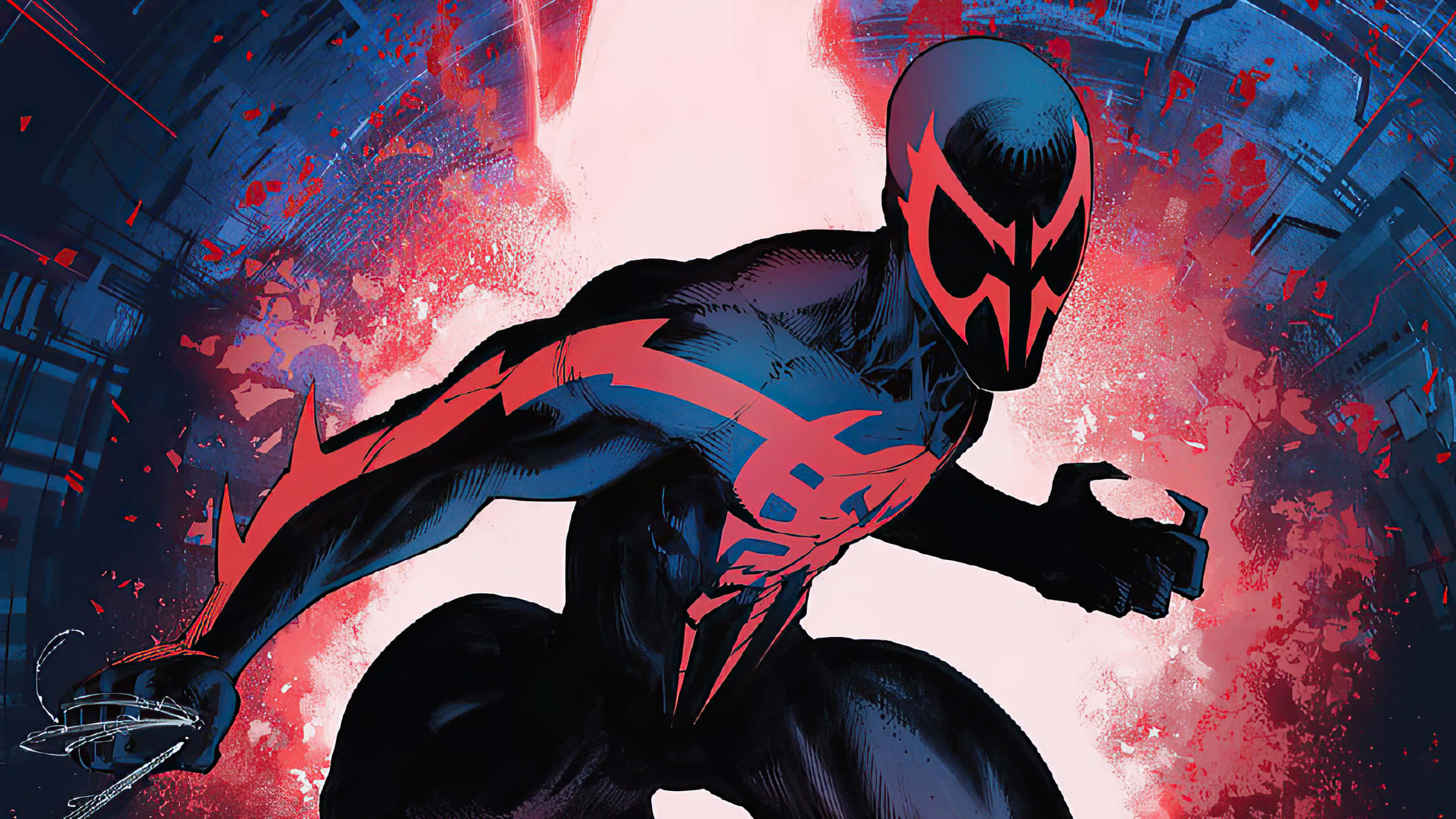 Spider Man 2099, black and red suit, shattered urban backdrop, 2K Desktop Wallpaper