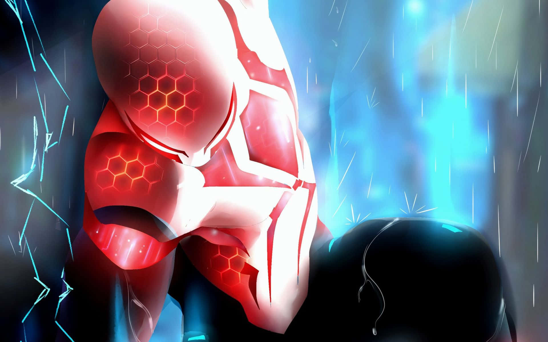 Spider Man 2099, red and white armored superhero, glowing hexagonal patterns, Full HD Desktop Wallpaper