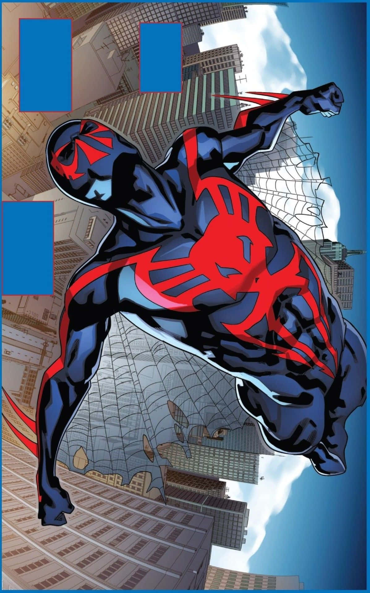 Spider-Man 2099, black and red suit, sunlit cityscape, Full HD Phone Wallpaper