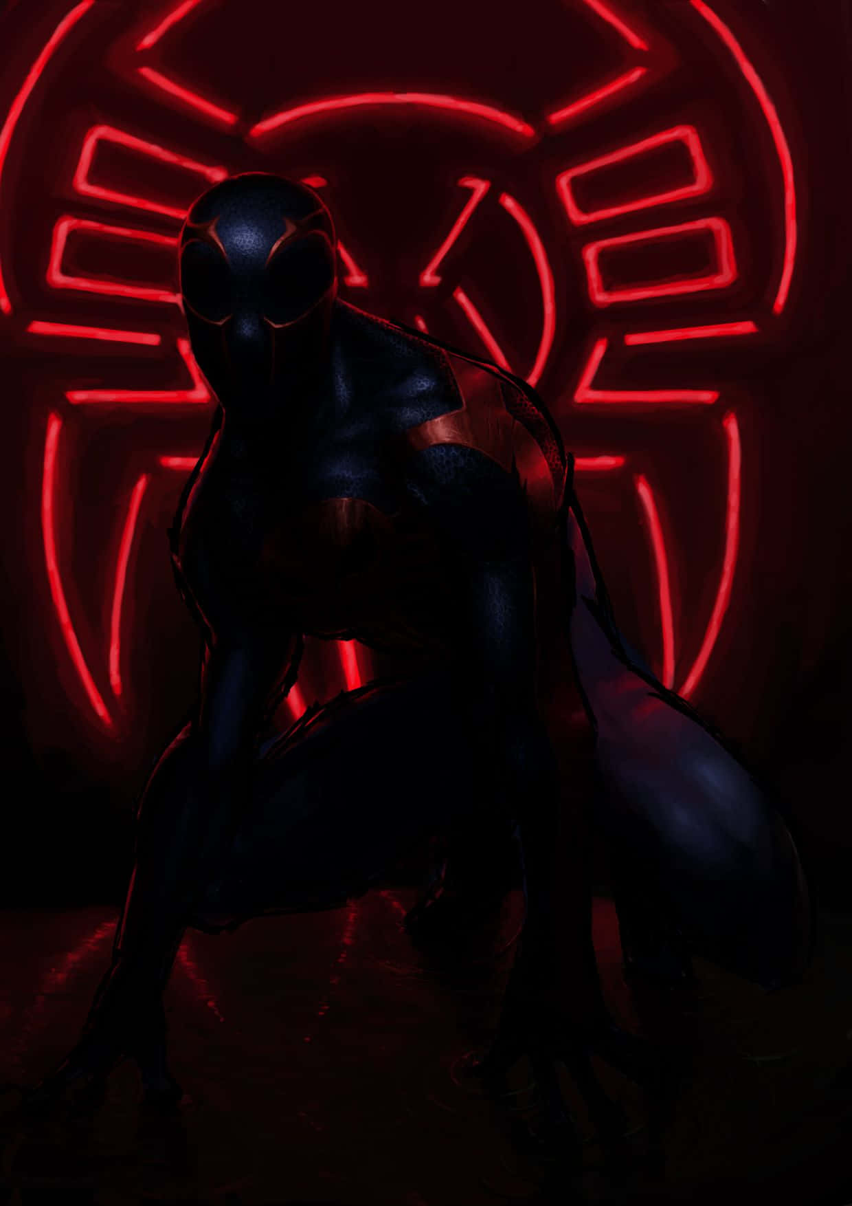 Spider-Man 2099, glowing red web emblem, neon light, HD Phone Wallpaper