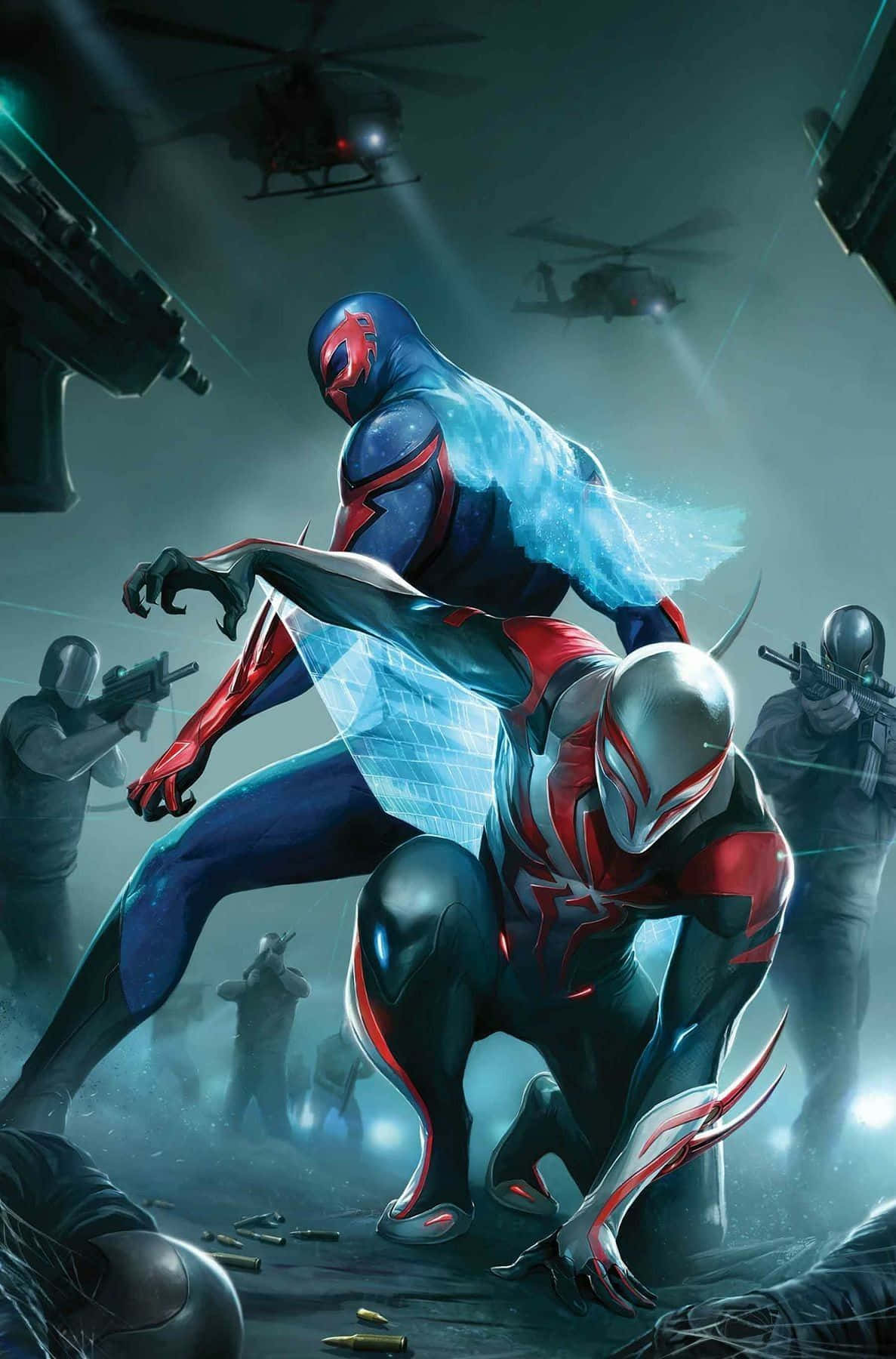 Spider-Man 2099, red and blue suits, helicopter gunfire, HD Phone Wallpaper