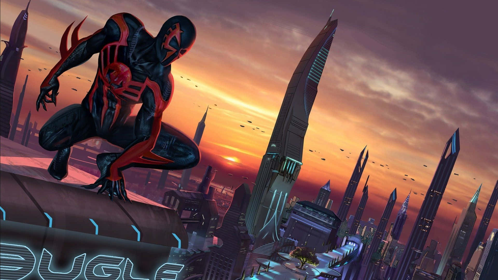 Spider-Man 2099, black and red suit, skyscraper, Full HD Desktop Wallpaper