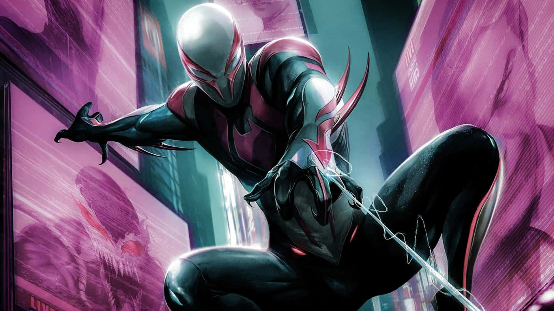 Spider-Man 2099, black and red suit, neon-lit cityscape, Full HD Desktop Wallpaper