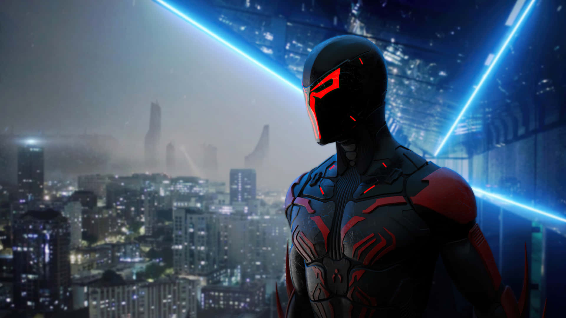 Spider-Man 2099, neon-lit cyberpunk cityscape, night, Full HD Desktop Wallpaper