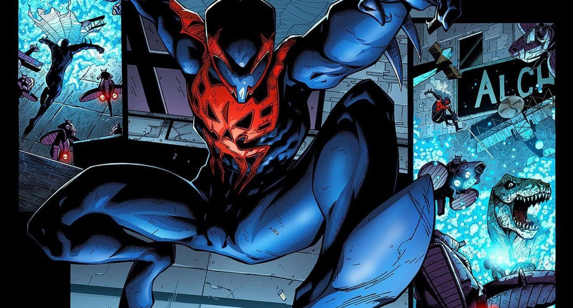 Spider-Man 2099, blue and red armored superhero, shattered cityscape, Full HD Desktop Wallpaper