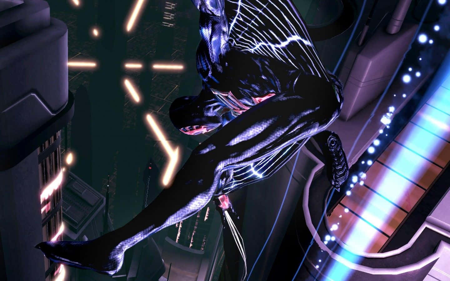 Spider-Man 2099, neon-lit skyscrapers, futuristic city, HD Desktop Wallpaper