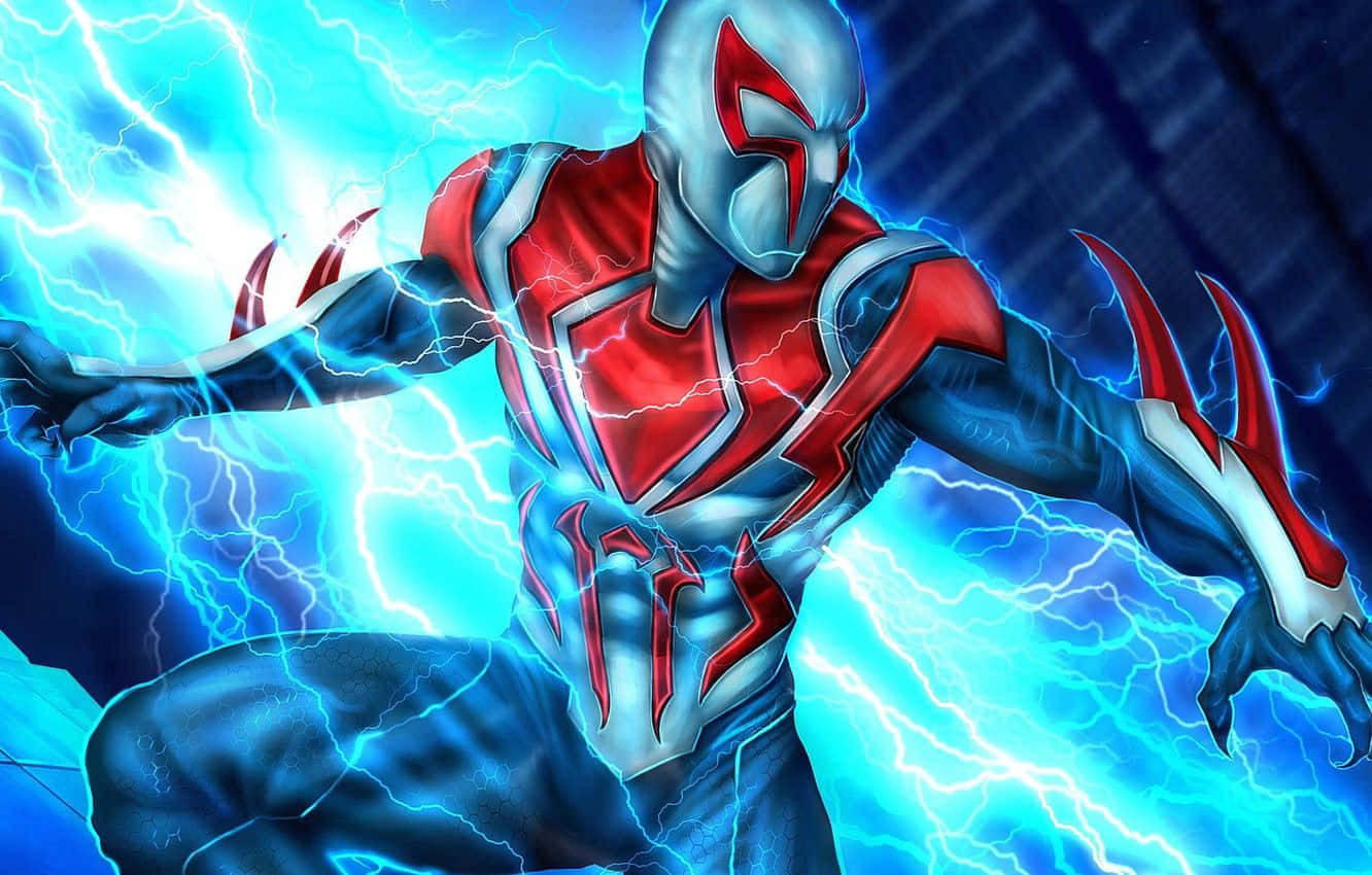 Spider-Man 2099, red and silver armor, electric blue lightning, HD Desktop Wallpaper
