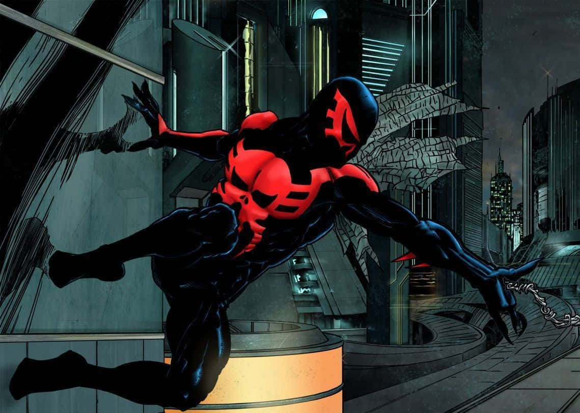 Spider-Man 2099, red and black, futuristic cityscape, SD Desktop Wallpaper
