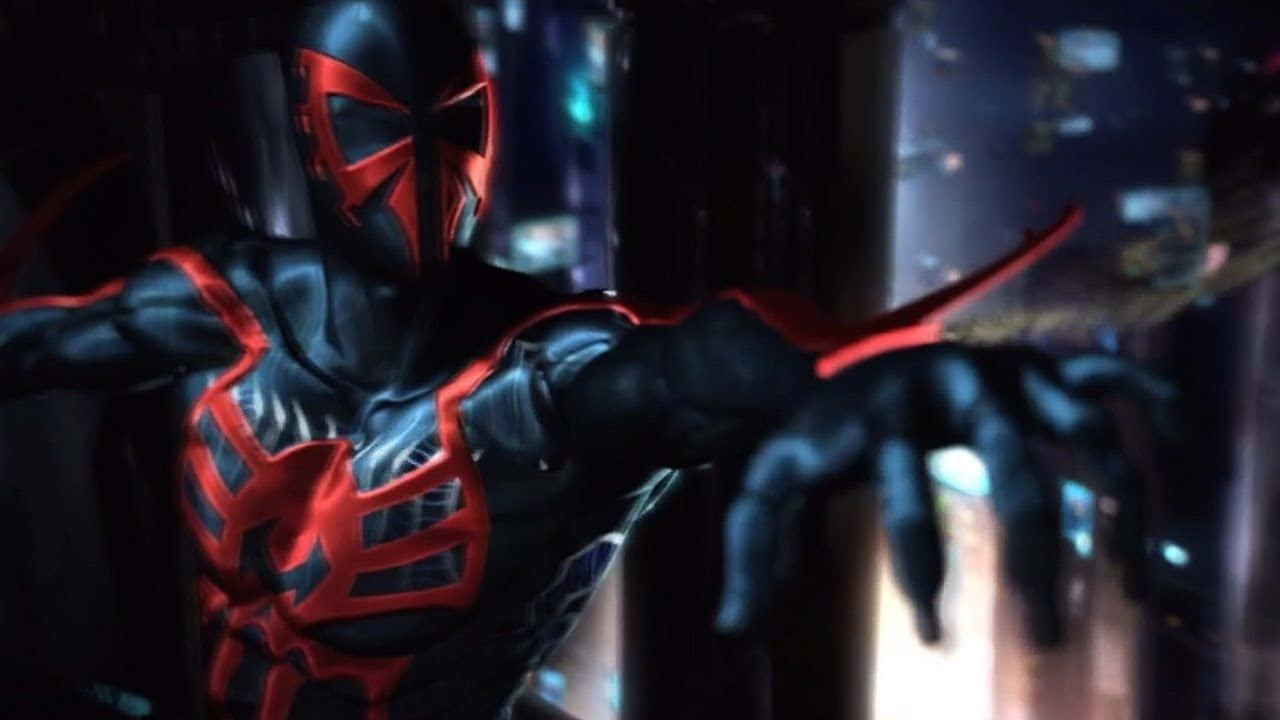 Spider-Man 2099, neon-lit cityscape, night, HD Desktop Wallpaper