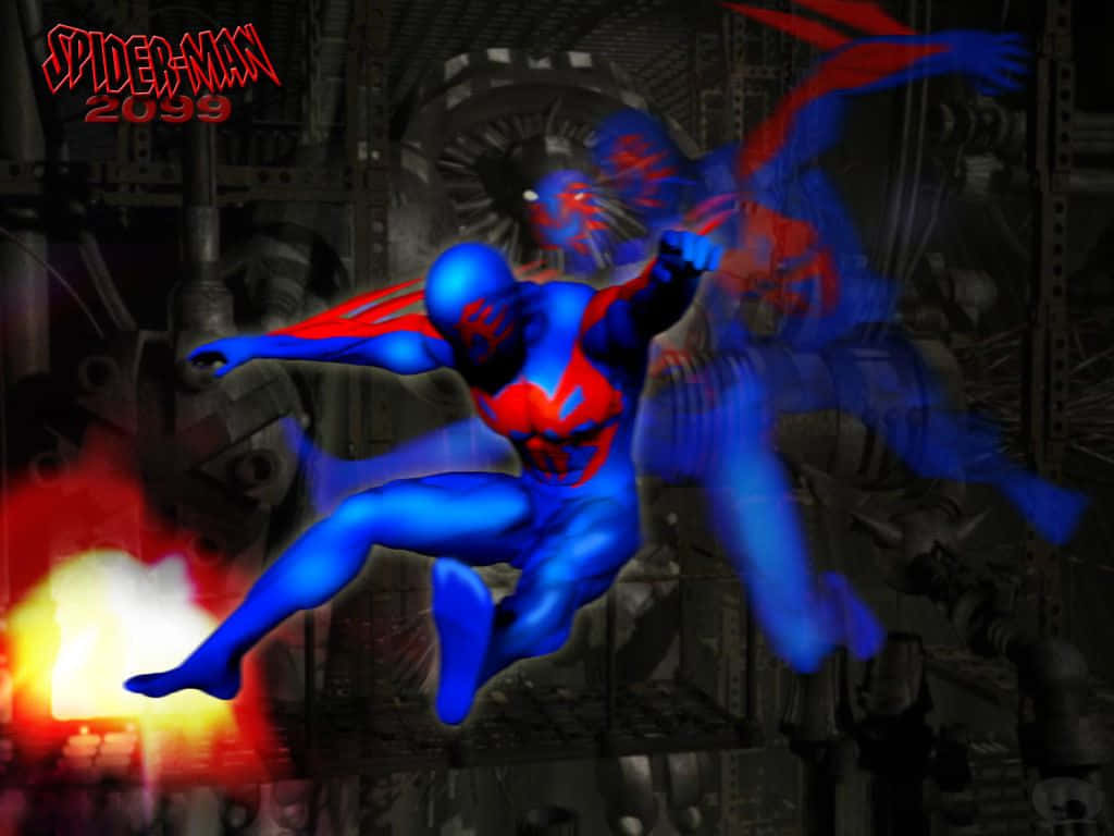 Spider-Man 2099, blue and red suit, dark industrial setting, SD Desktop Wallpaper