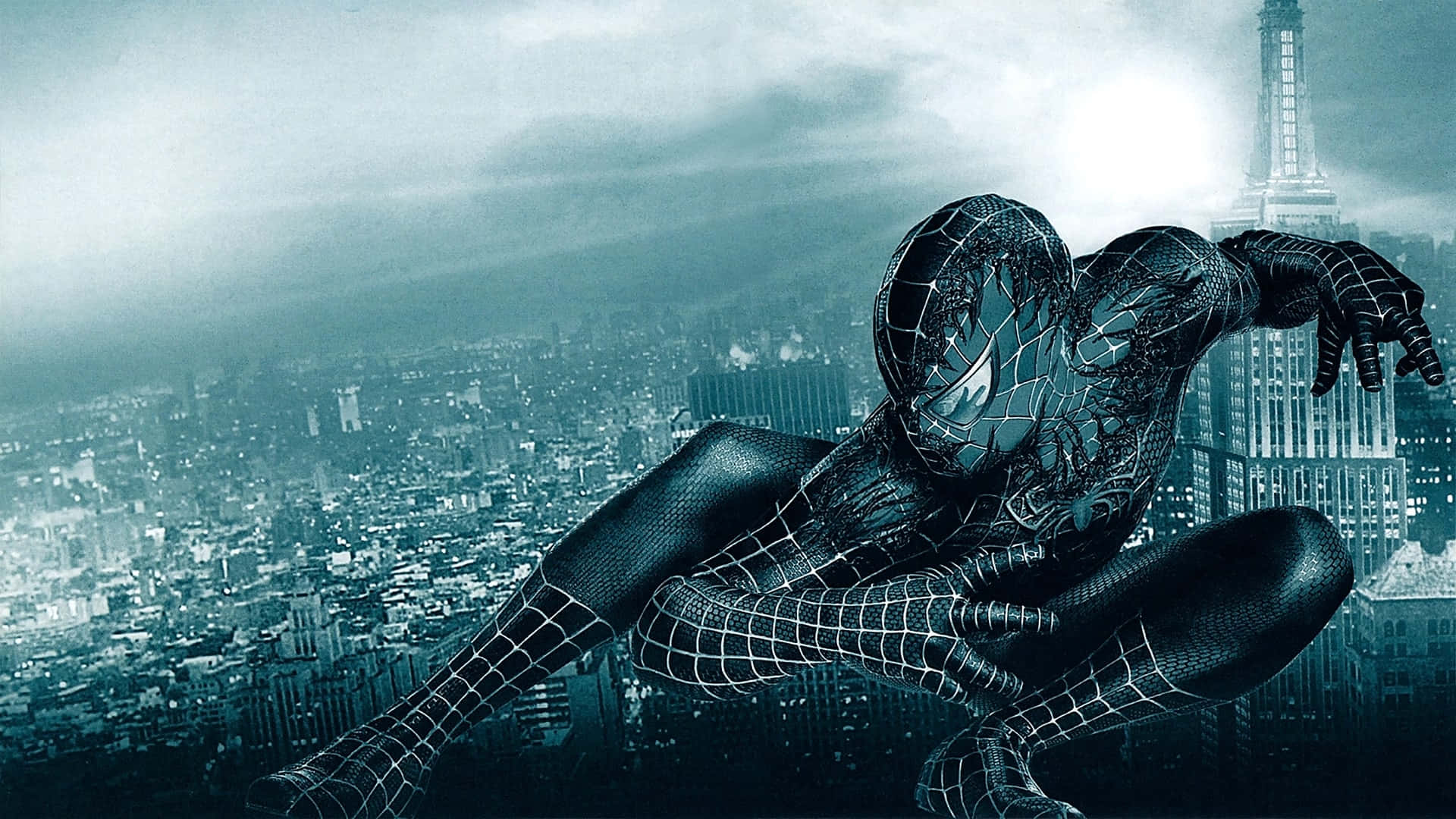 Spider-Man 3, black suit, misty teal cityscape, Full HD Desktop Wallpaper