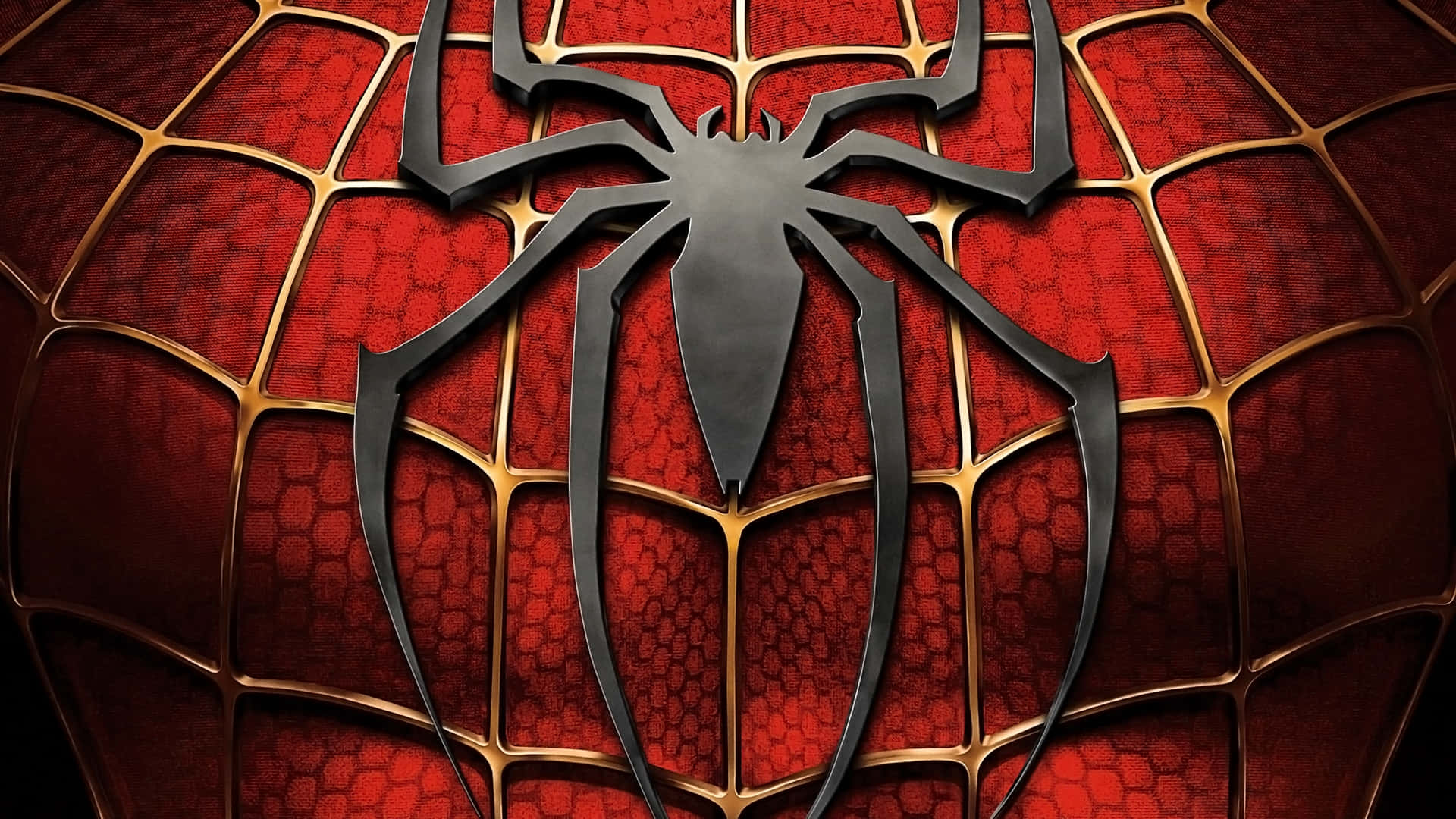 Spider Man 3, glossy black spider emblem, red textured web-patterned suit, Full HD Desktop Wallpaper