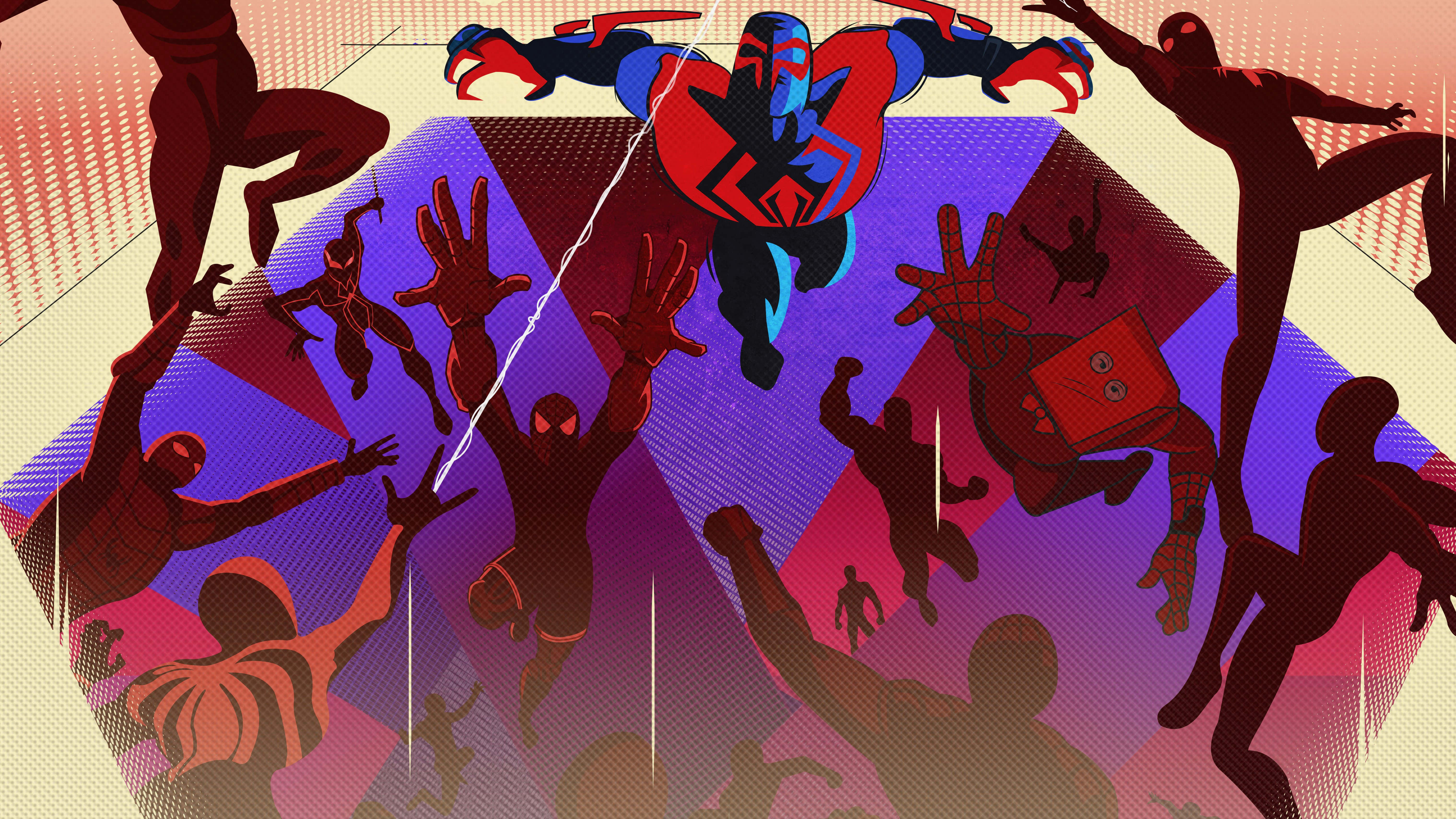 Spider Man Across The Spider Verse, multidimensional showdown, silhouetted figures, 5K Desktop Wallpaper