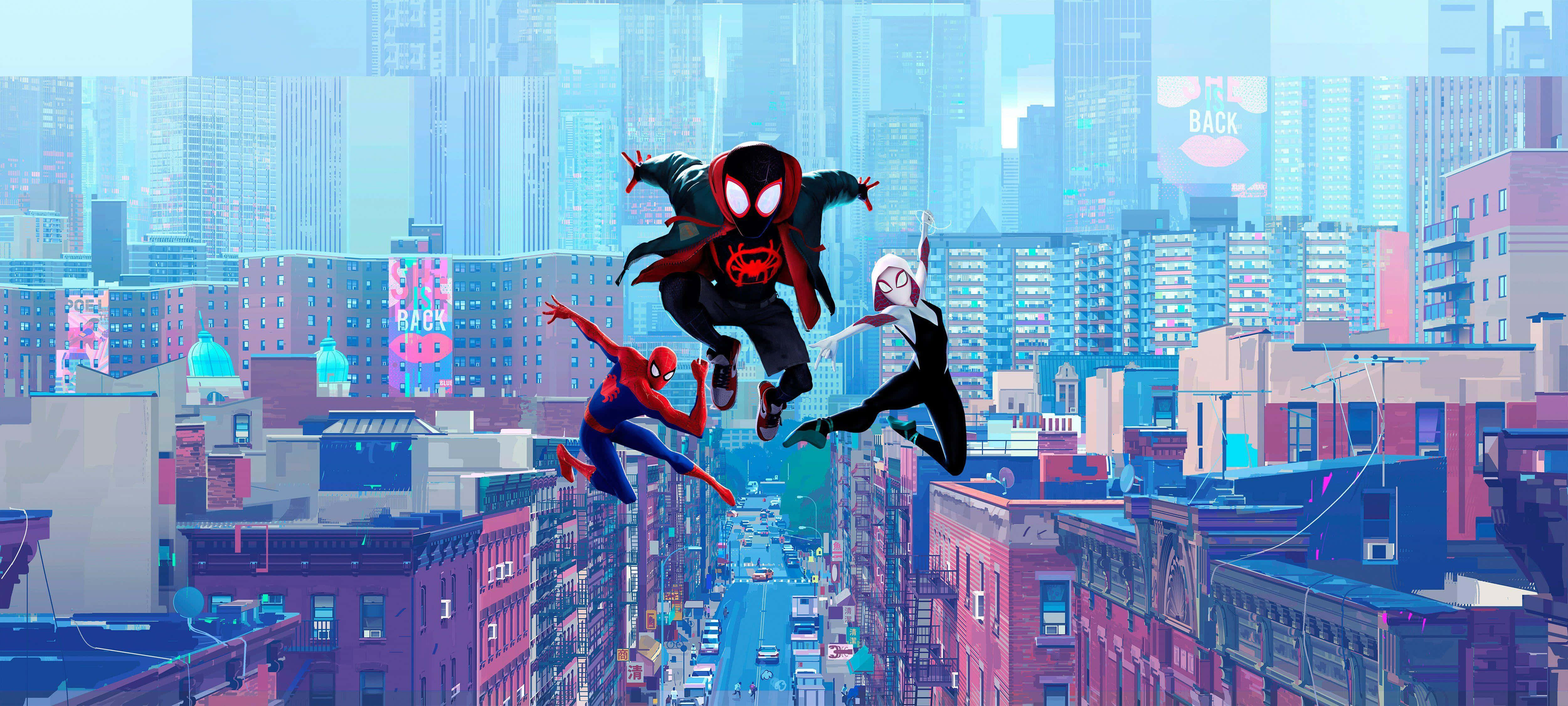 Spider-Man Across The Spider-Verse, three superheroes, vibrant stylized cityscape, 4K Desktop Wallpaper
