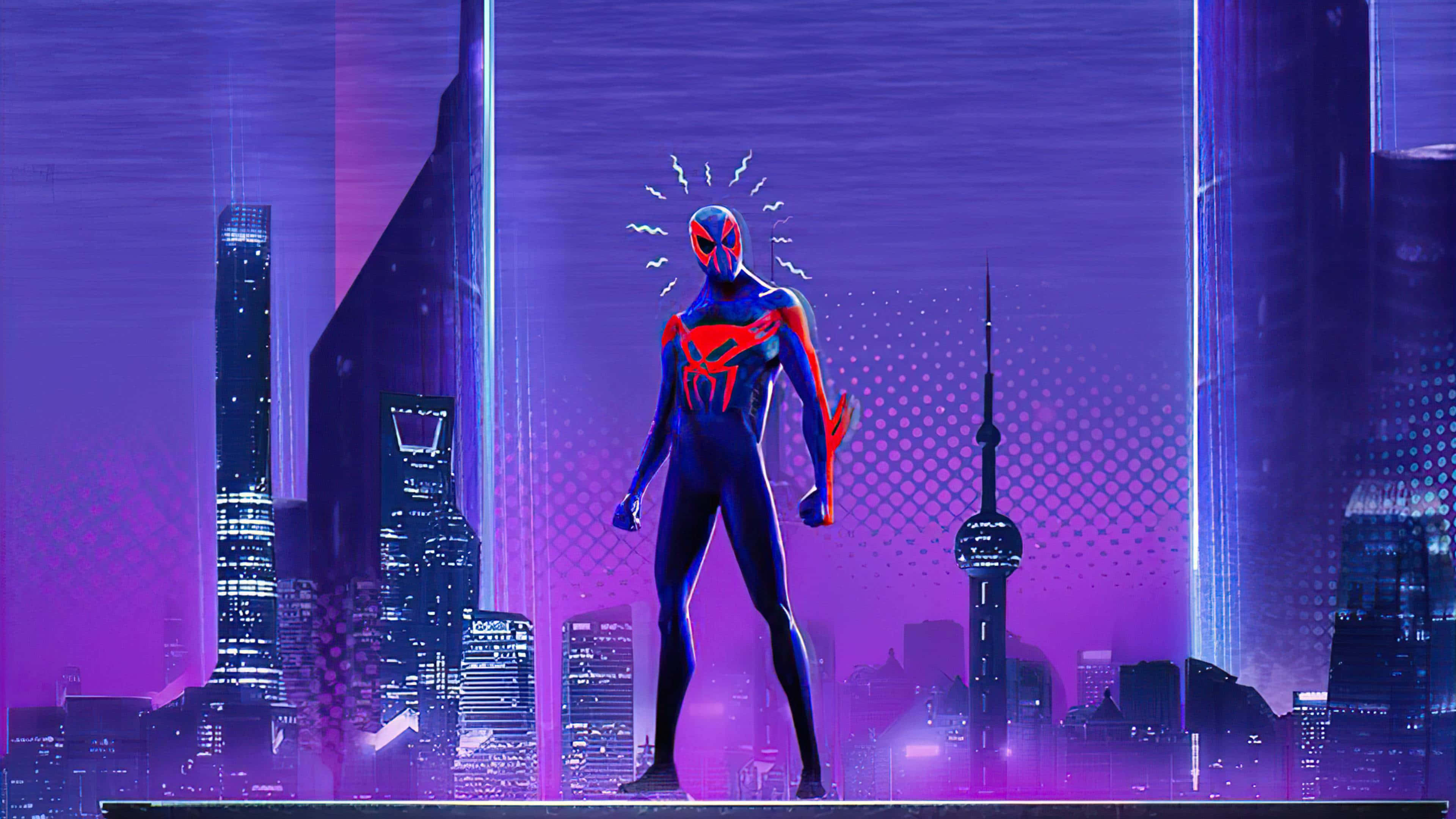 Spider Man Across The Spider Verse, neon-lit futuristic cityscape, purple lights, 4K Desktop Wallpaper