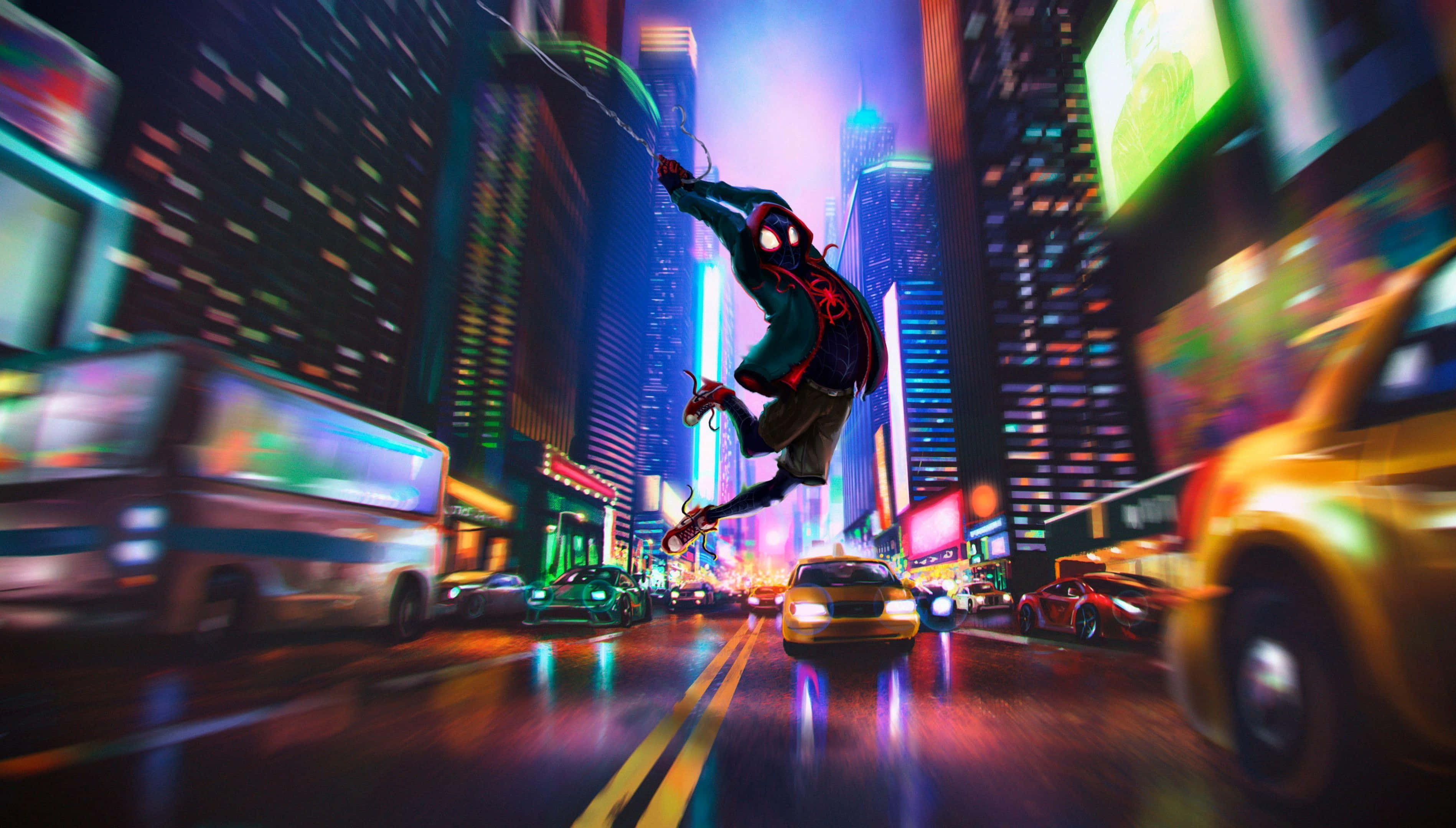 Spider Man, city night, neon-drenched cityscape, 2K Desktop Wallpaper