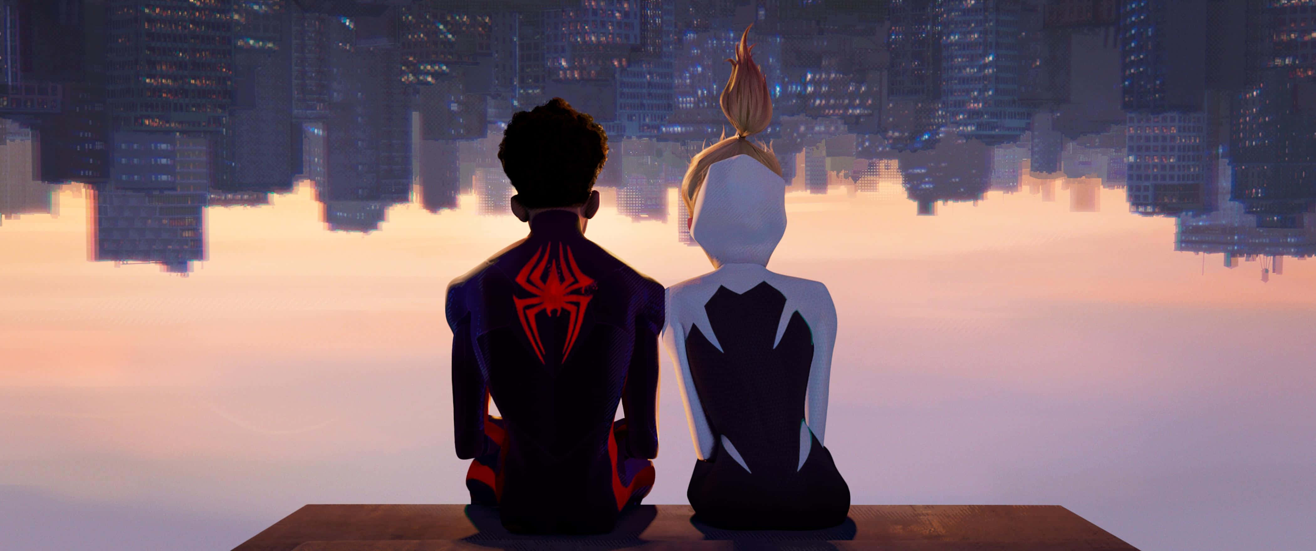 Spider Man Across The Spider Verse, sunset, mirrored cityscape, 4K Desktop Wallpaper