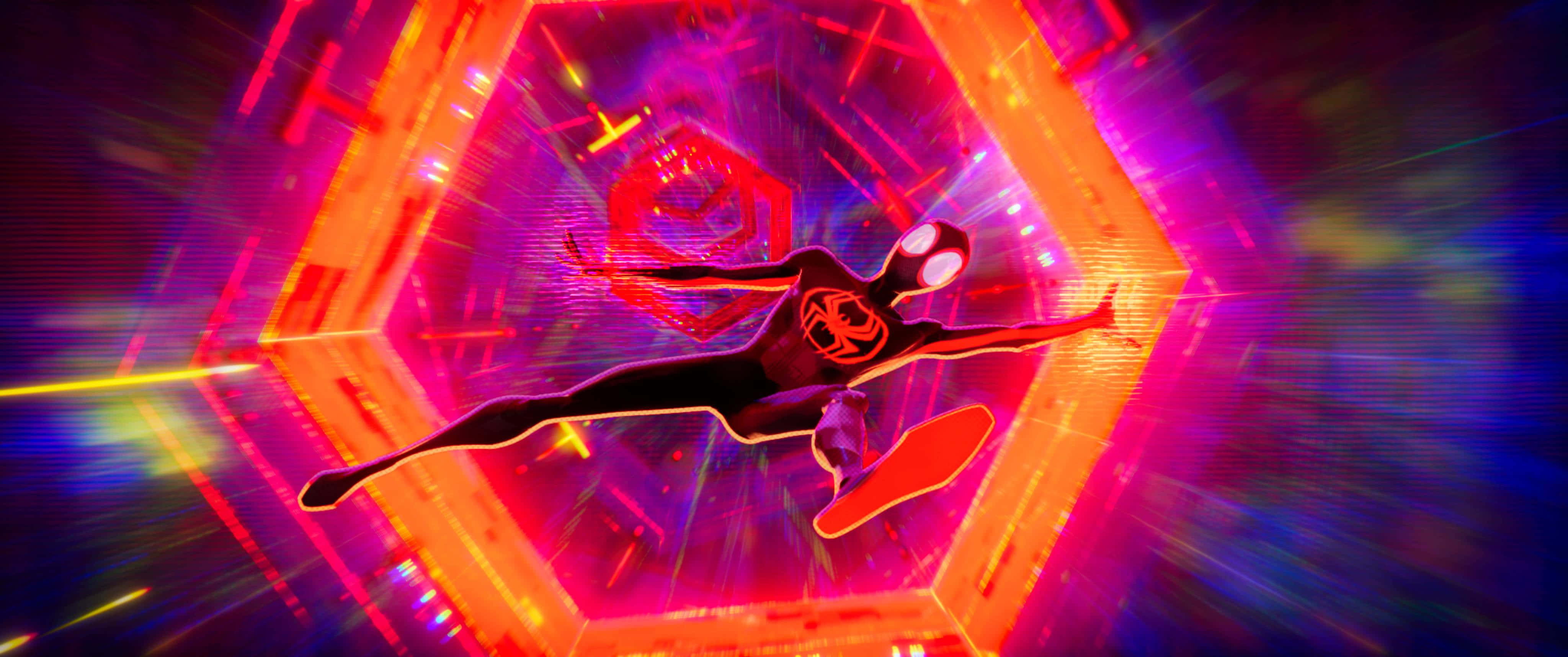 Spider Man Across The Spider Verse, neon-lit hexagonal tunnel, electric pink, 4K Desktop Wallpaper