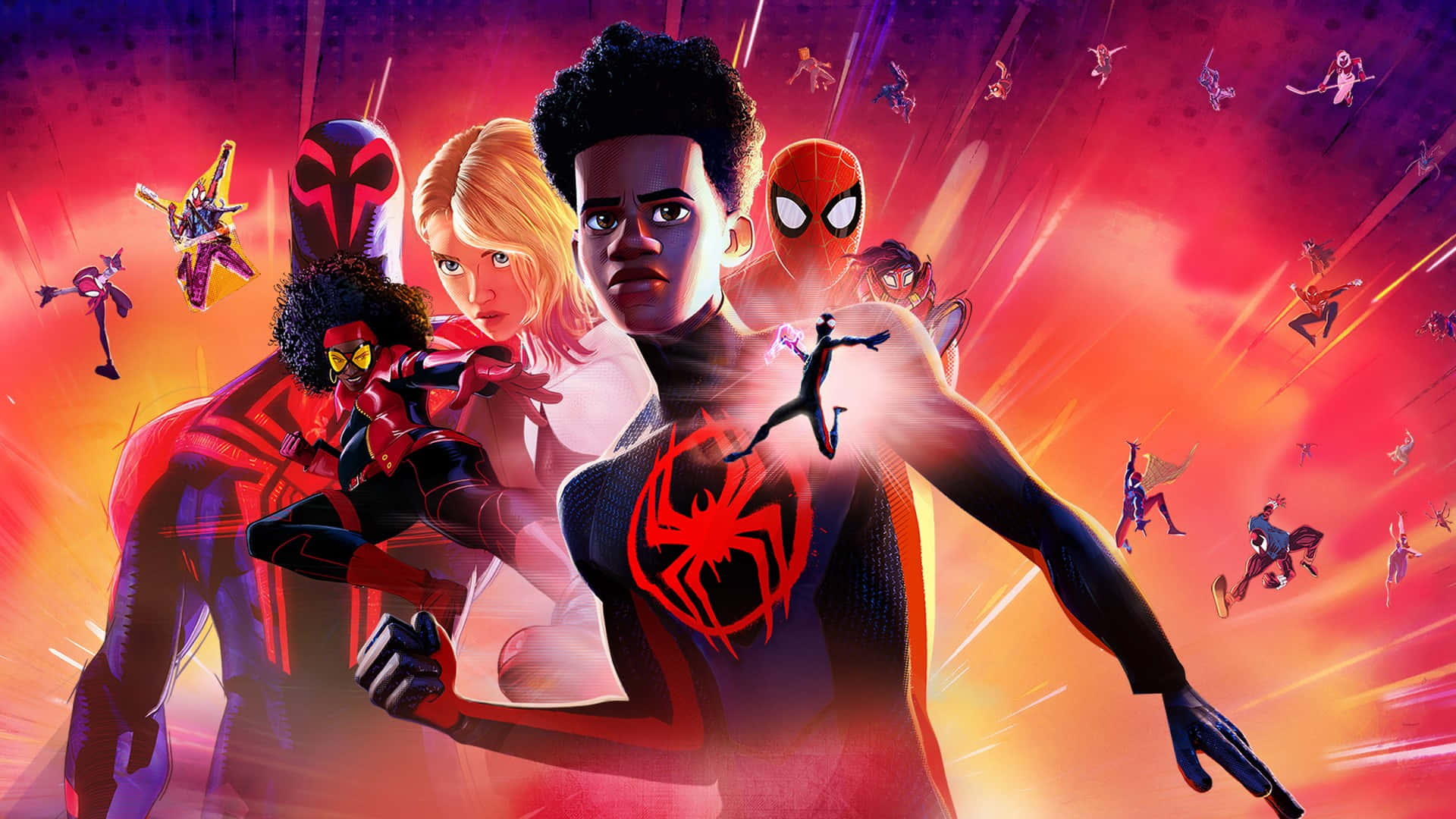 Spider-Man Across The Spider-Verse, red and black suits, fiery gradient sky, Full HD Desktop Wallpaper