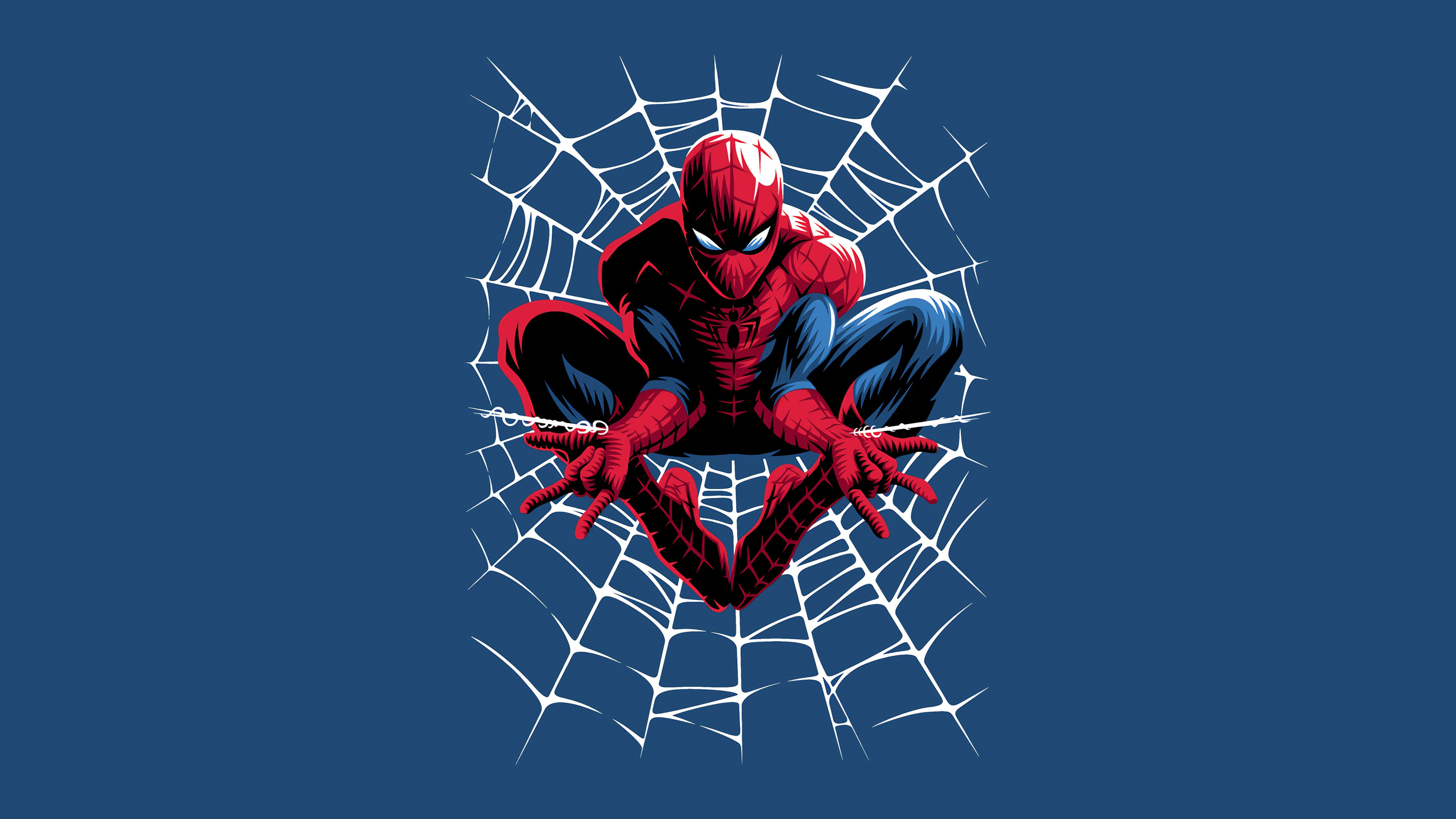 Spider-Man Blue, glowing white web, solid blue background, 4K Desktop Wallpaper