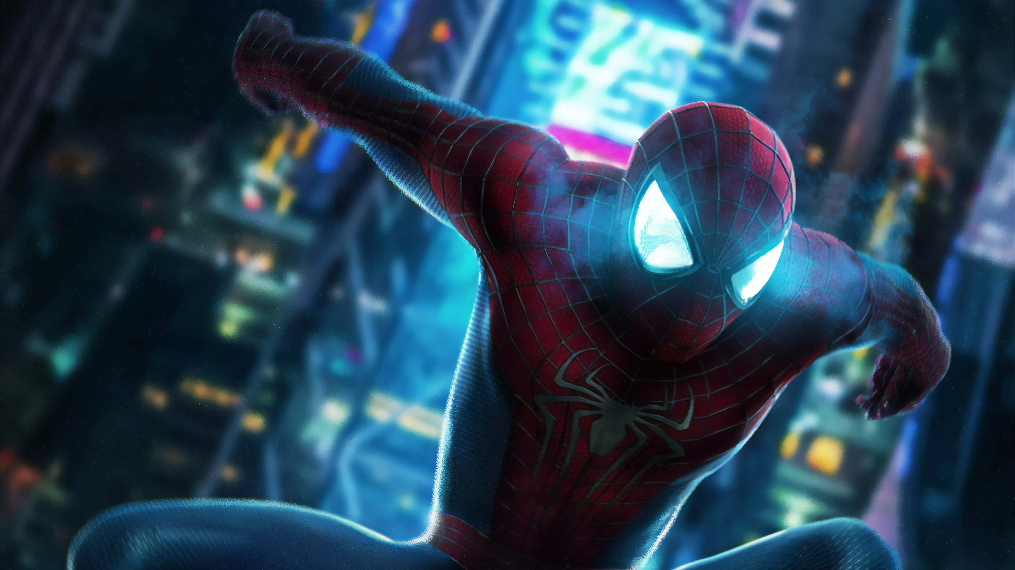 Spider-Man Blue, red and blue suit, neon-lit cityscape, 4K Desktop Wallpaper