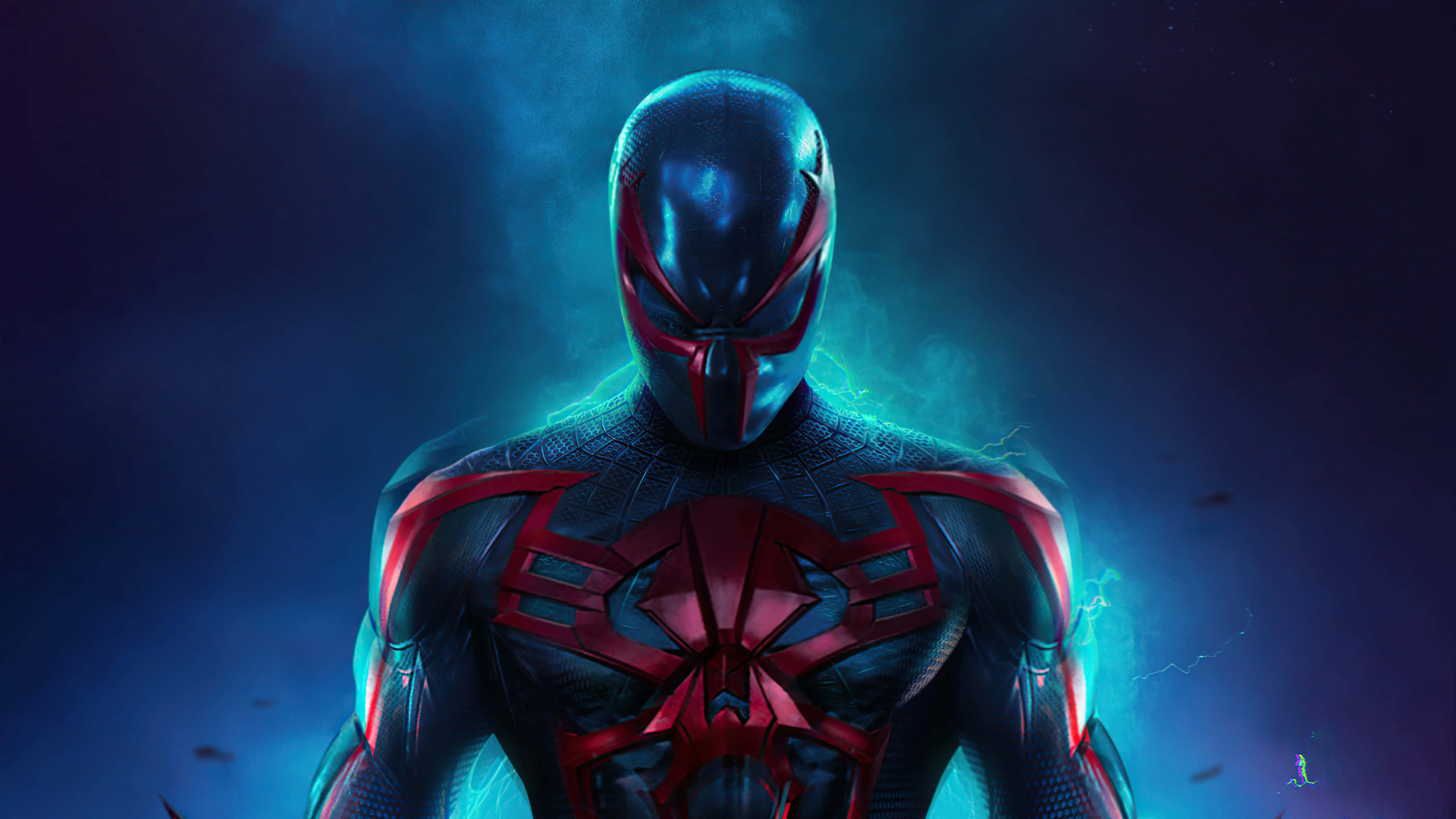 Spider-Man Blue, red and black suit, dark blue glowing background, 5K Desktop Wallpaper