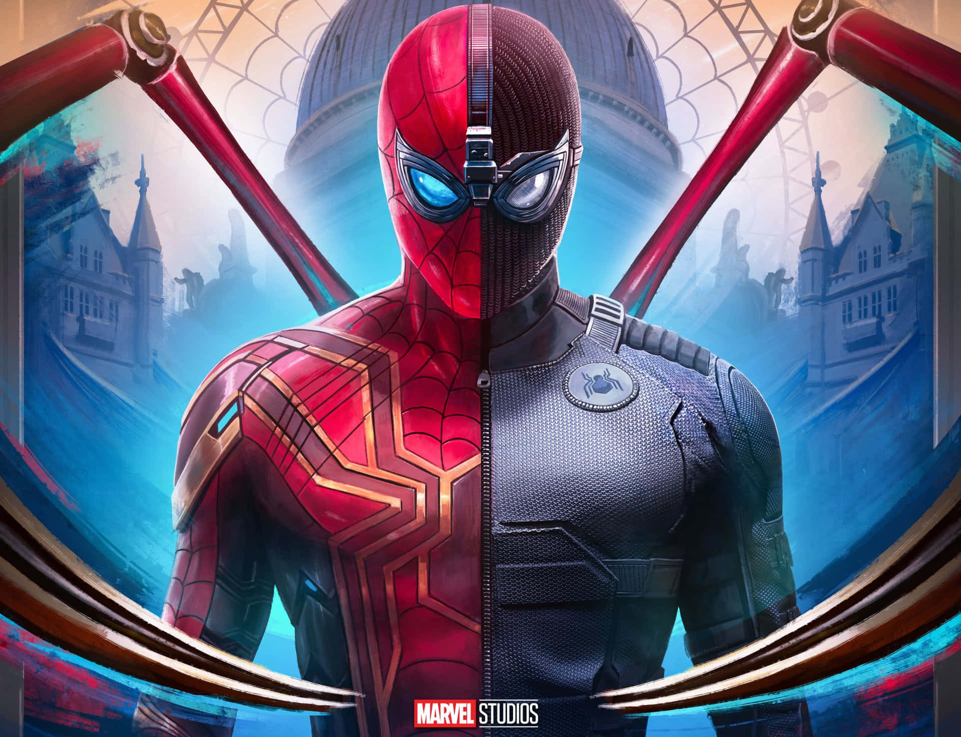 Spider Man, red and black suits, futuristic cityscape, Full HD Desktop Wallpaper